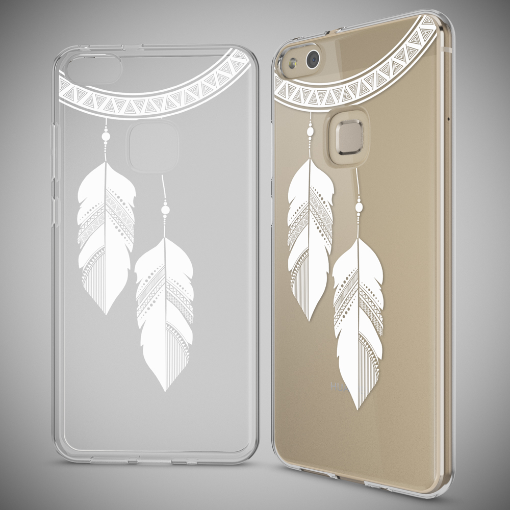 Transparente Handyhüllen mit weißen Federdesigns, eine auf dem Telefon, eine separat. Grauer Hintergrund.