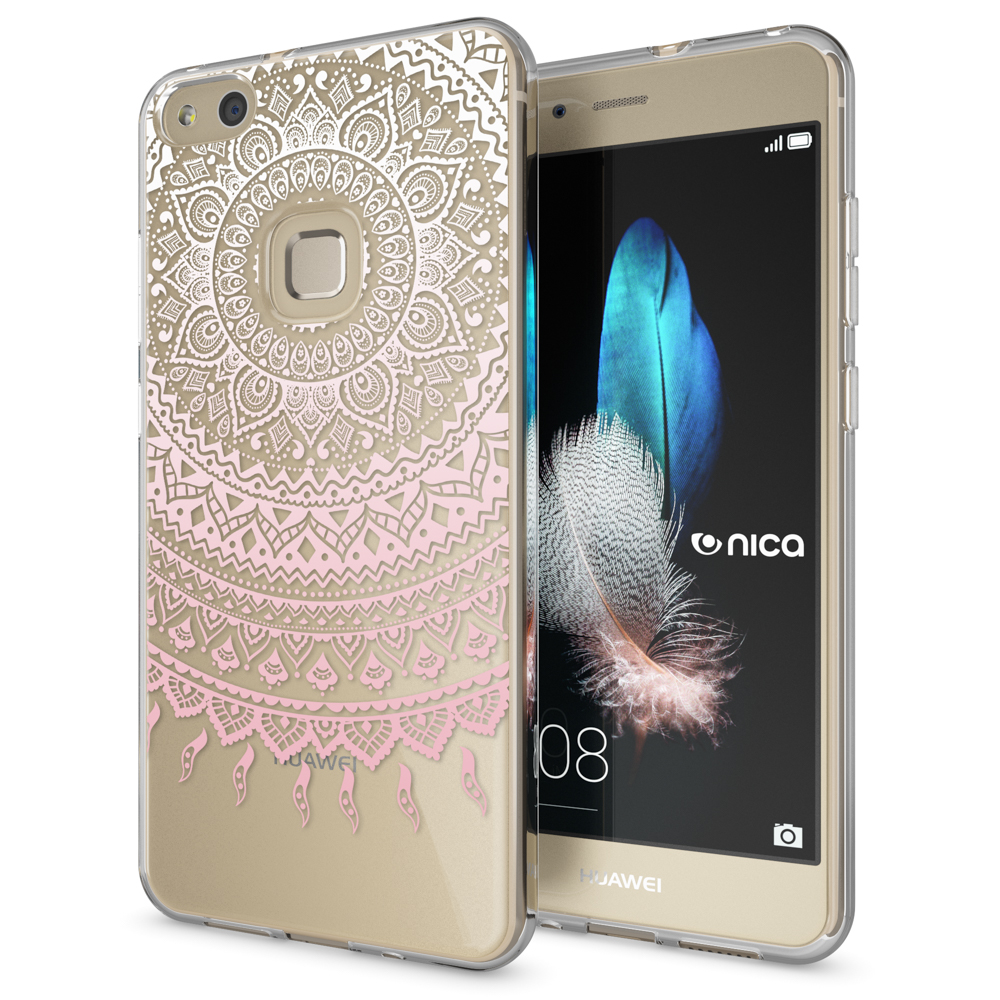 Un étui de téléphone avec un motif de mandala rose et blanc, sur un téléphone doré.