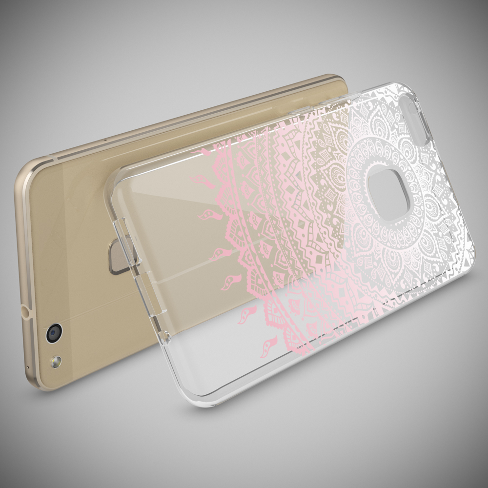 Ein Telefon mit einer transparenten Hülle mit einem rosa Mandala-Design auf einem goldenen Telefon.