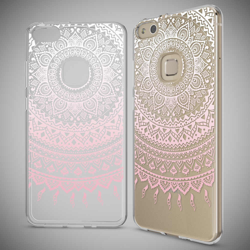 Zwei transparente Handyhüllen, eine mit pink-weißem Blumendesign, die andere mit Gold-Pink-Design.