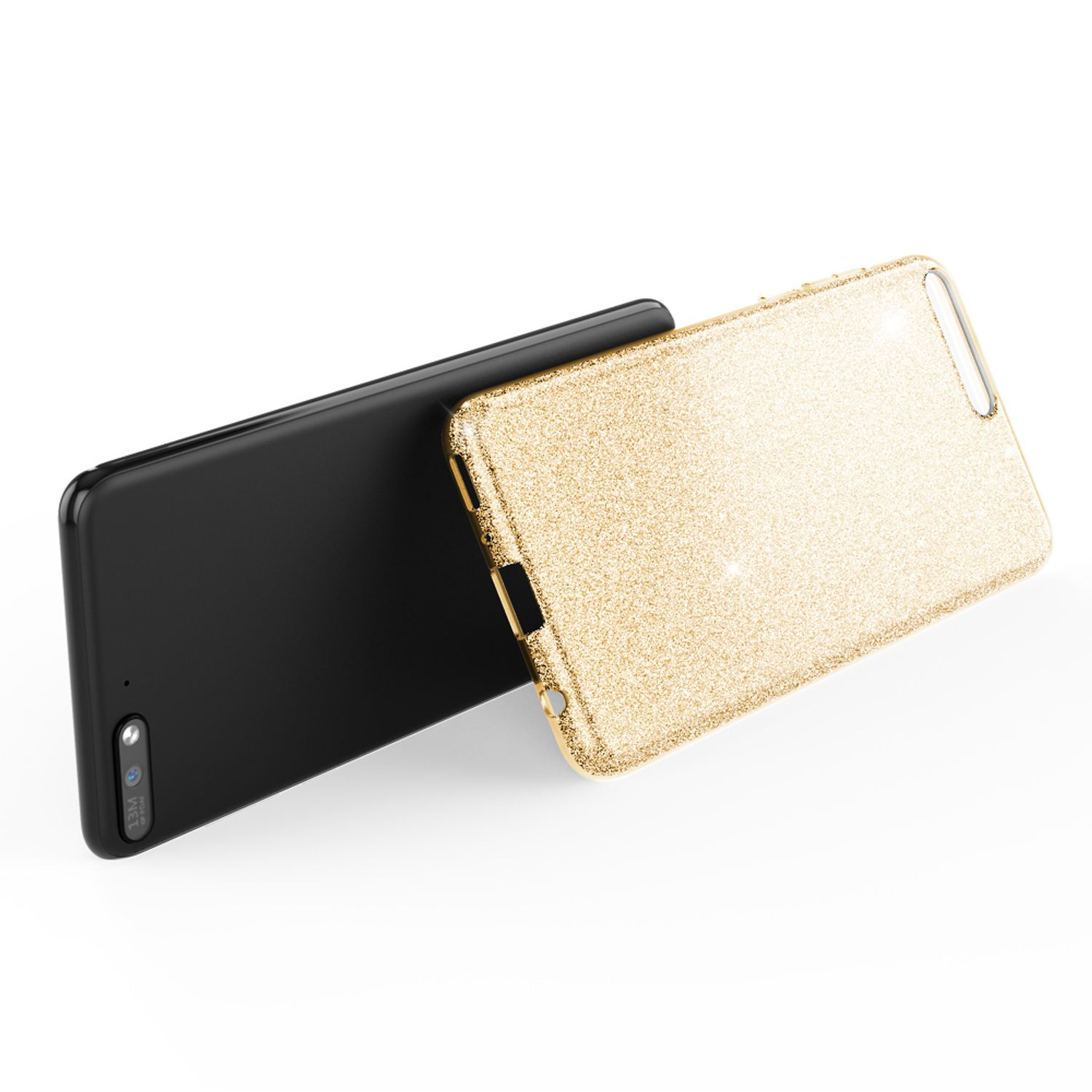 Zwei Smartphones: eines goldfarben, glitzernd, das andere schwarz. Beide liegen aneinander.