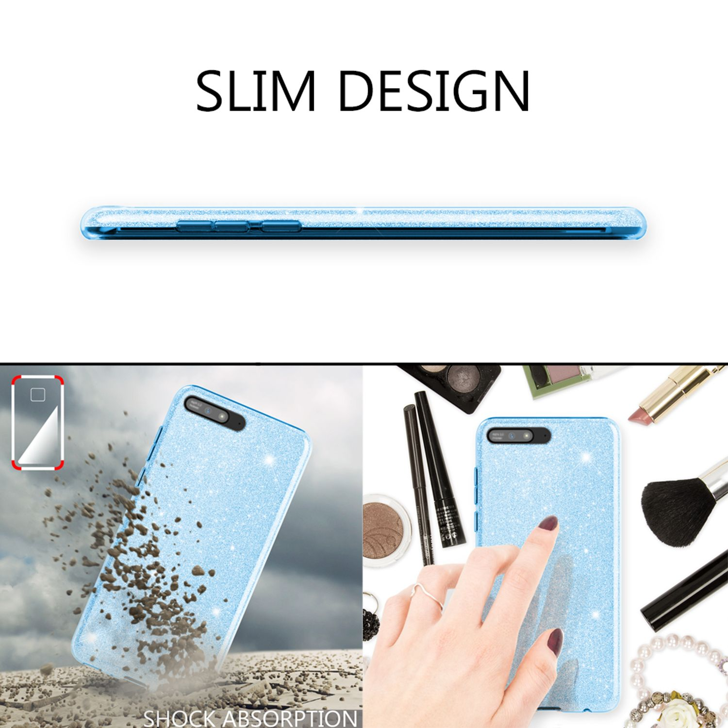 Hellblaue Handyhülle mit Glitzer, einem Telefonumriss und Texten 'SLIM DESIGN' und 'SHOCK ABSORPTION'.