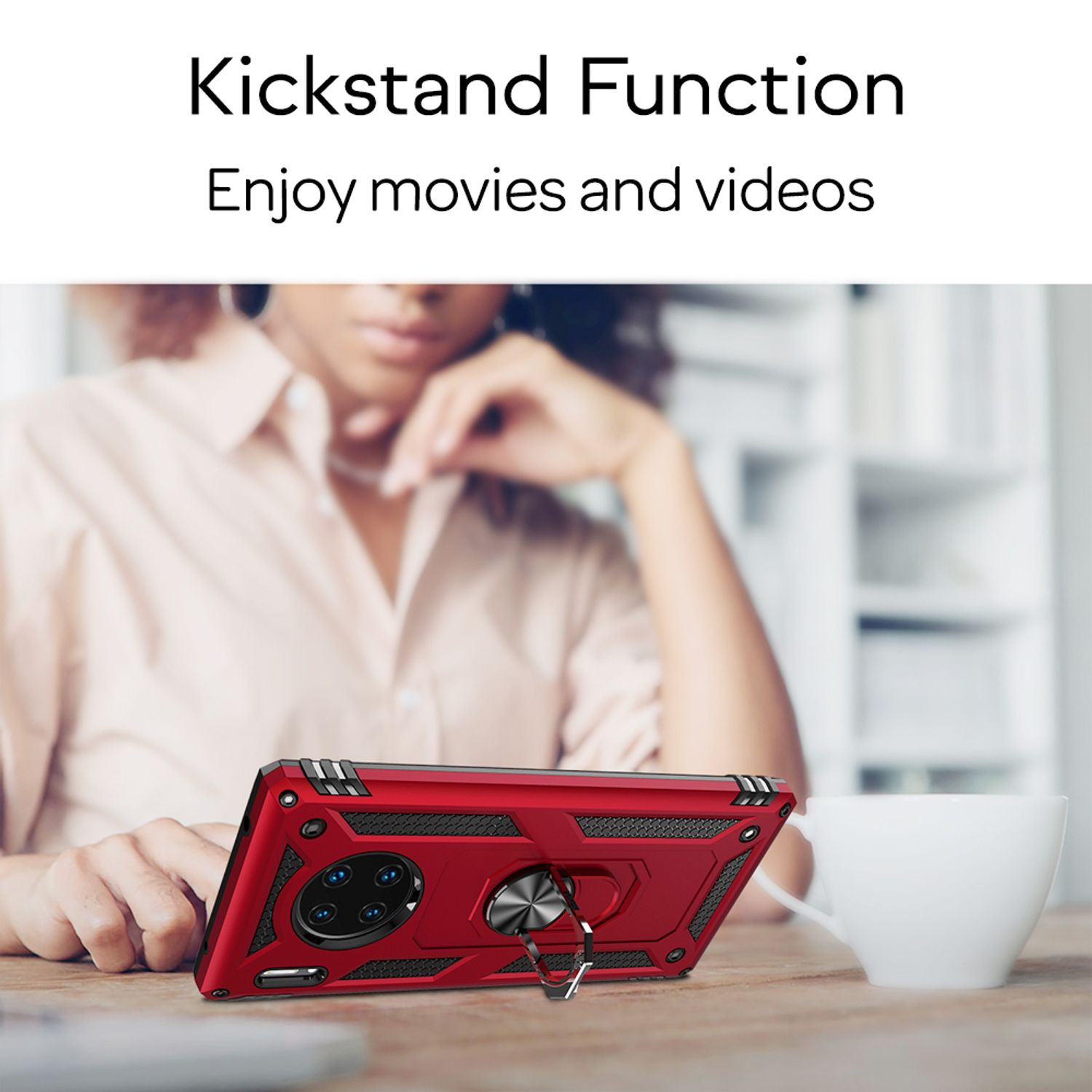Un étui de téléphone rouge avec un support soutenant un téléphone sur une table, avec un arrière-plan flou.
