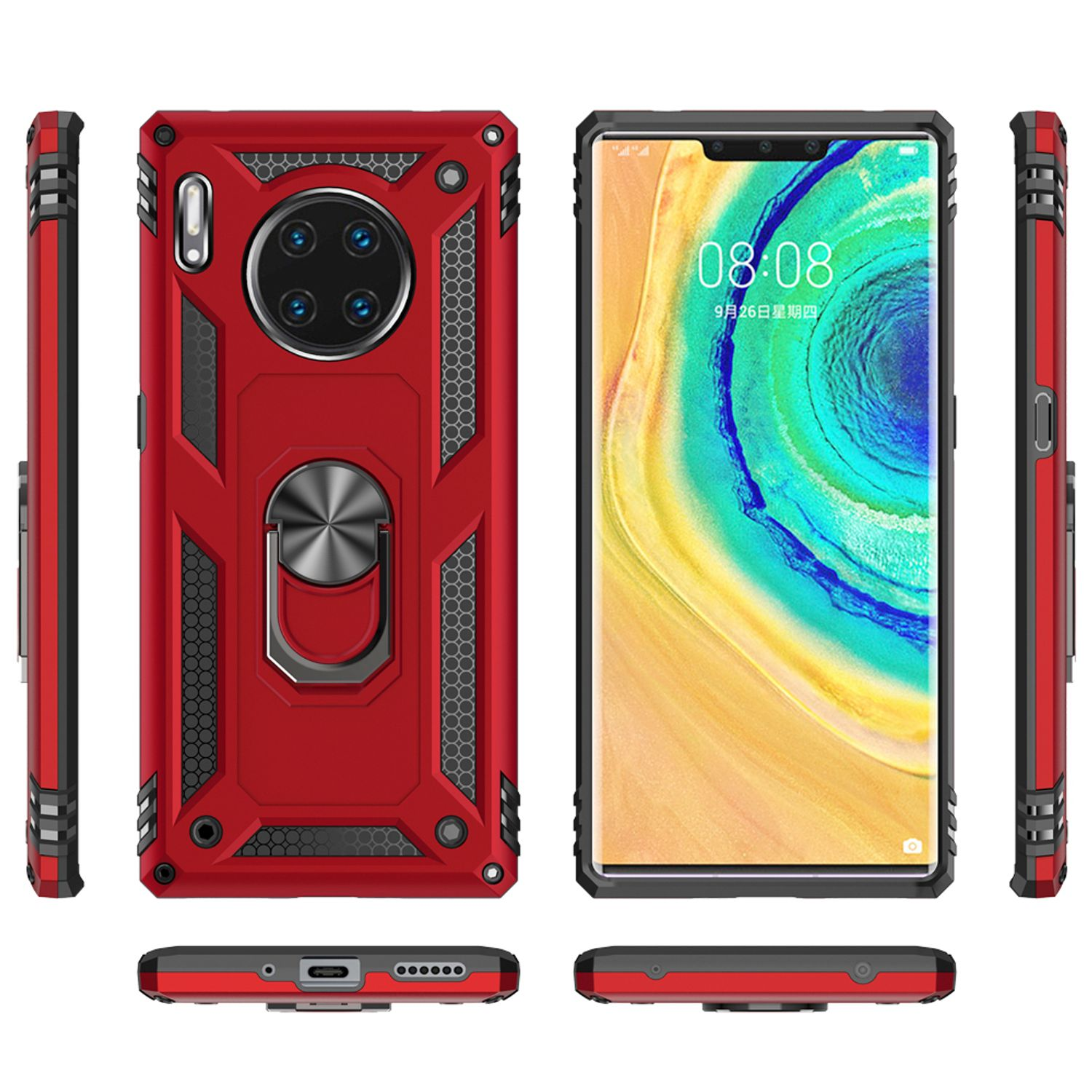 Coque de téléphone rouge avec des accents noirs, vues multiples; avant avec caméras, arrière, côtés et bas.