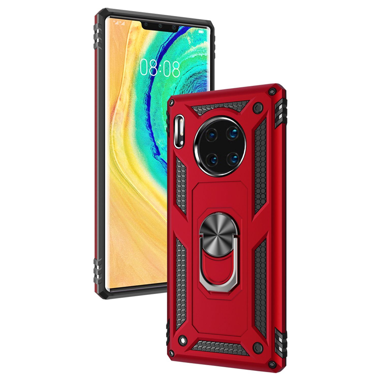 Coque de téléphone rouge avec un support d'anneau argenté à côté d'un téléphone. Fond d'écran coloré.