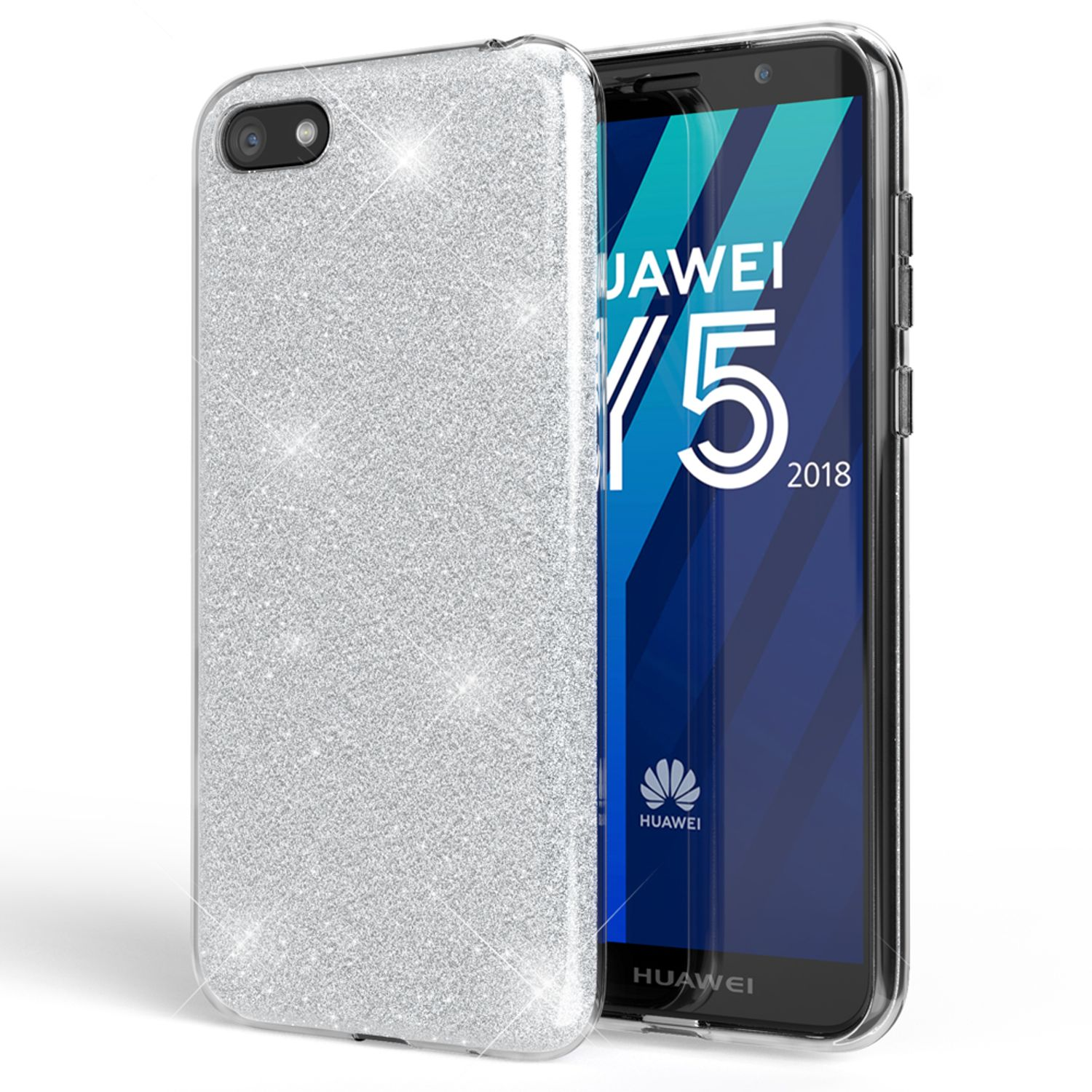 Eine silberne Glitzer-Handyhülle und ein Huawei Y5 2018-Telefon auf Weiß.