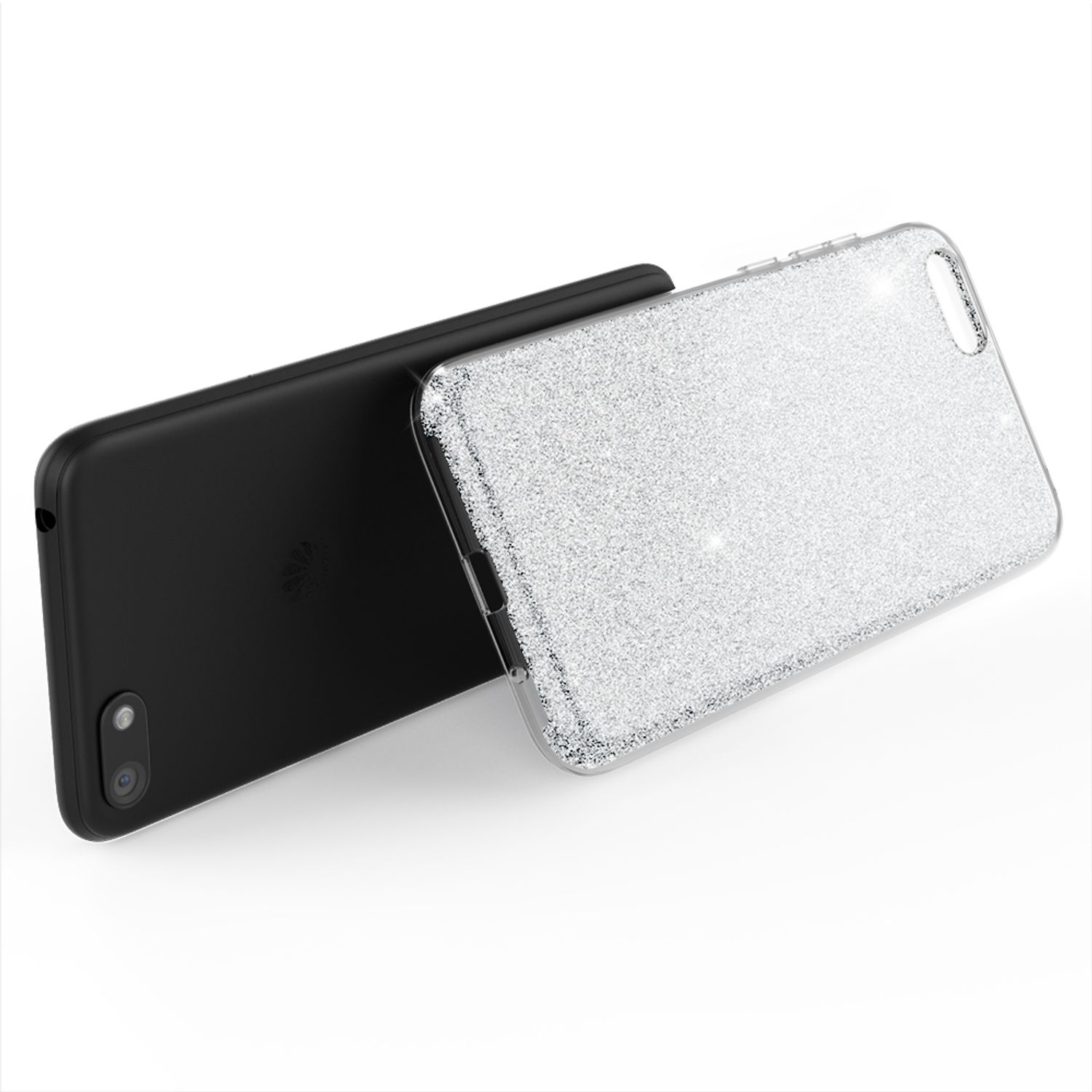 Schwarzes Telefon mit glitzernder silberner Hülle. Das Telefon liegt auf einer weißen Oberfläche. Die Hülle ist offen.
