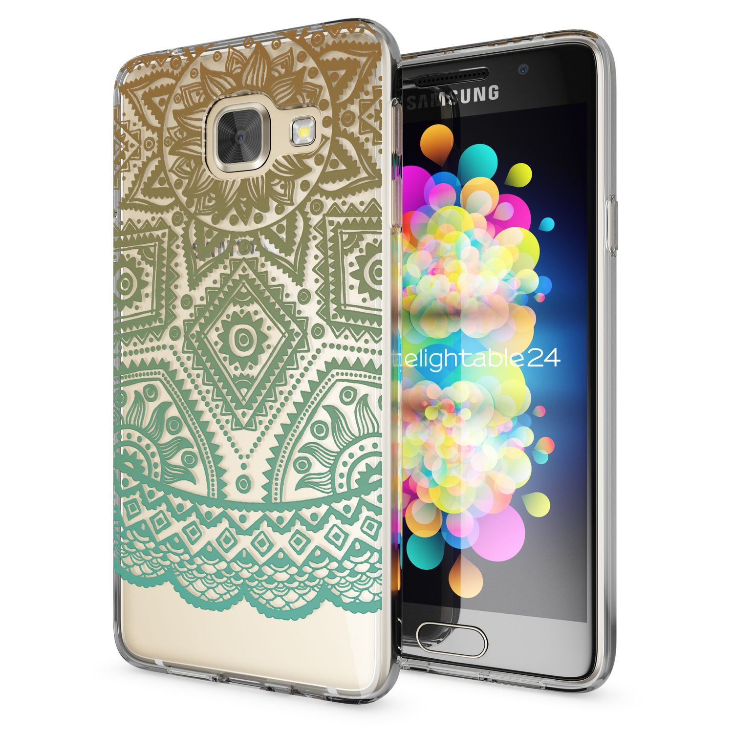 Un teléfono en una funda transparente con un diseño de mandala. Pantalla muestra gráficos coloridos.