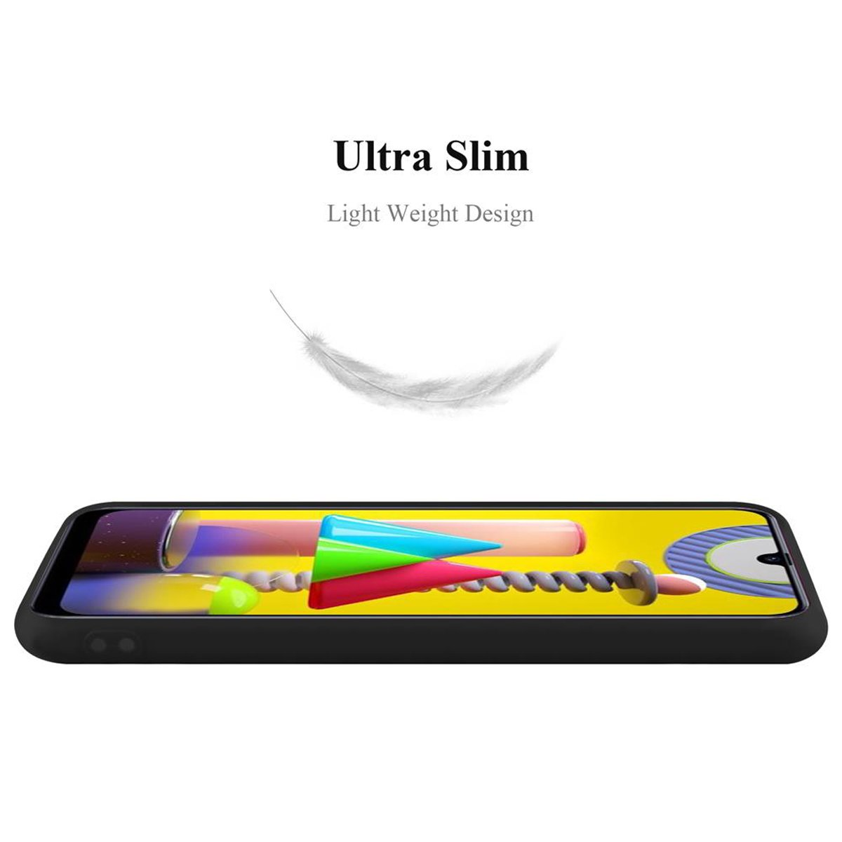 Custodia per telefono nera con grafica a piuma e testo. Sfondo bianco.