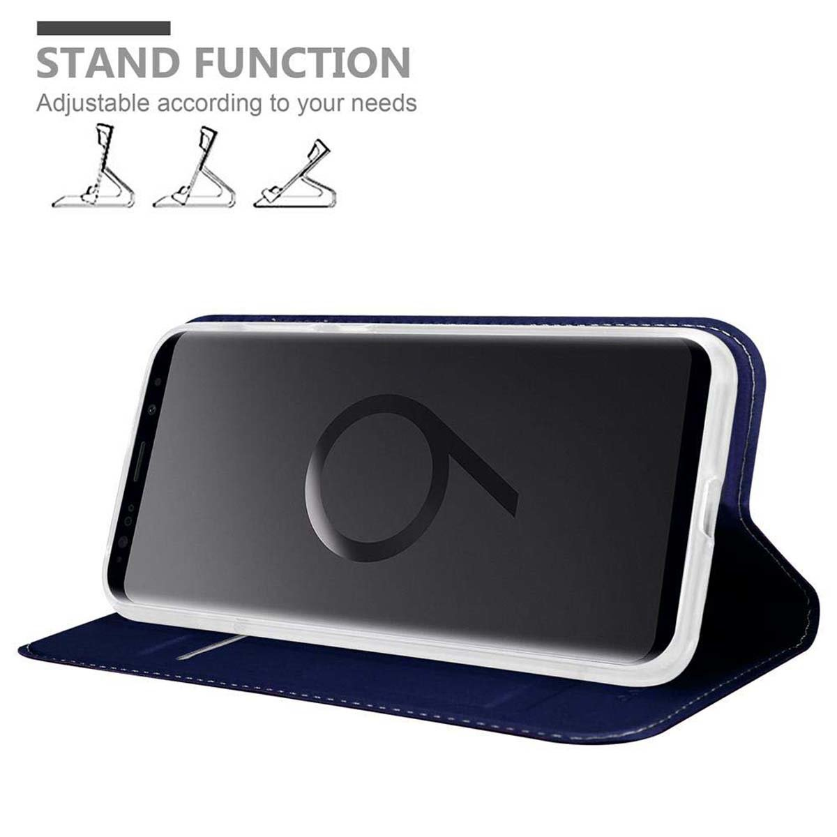 Telefon in blauem Lederetui mit Ständerfunktion. Drei Ständerwinkel-Illustrationen. Der Bildschirm ist sichtbar.