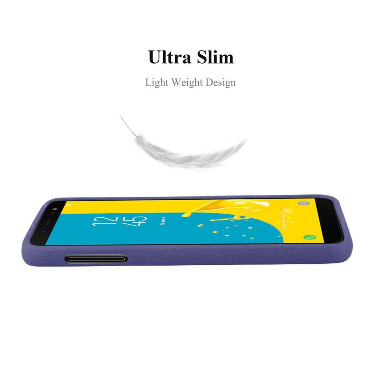 Un telefono viola con una grafica di piuma fluttuante sopra, design ultra sottile.