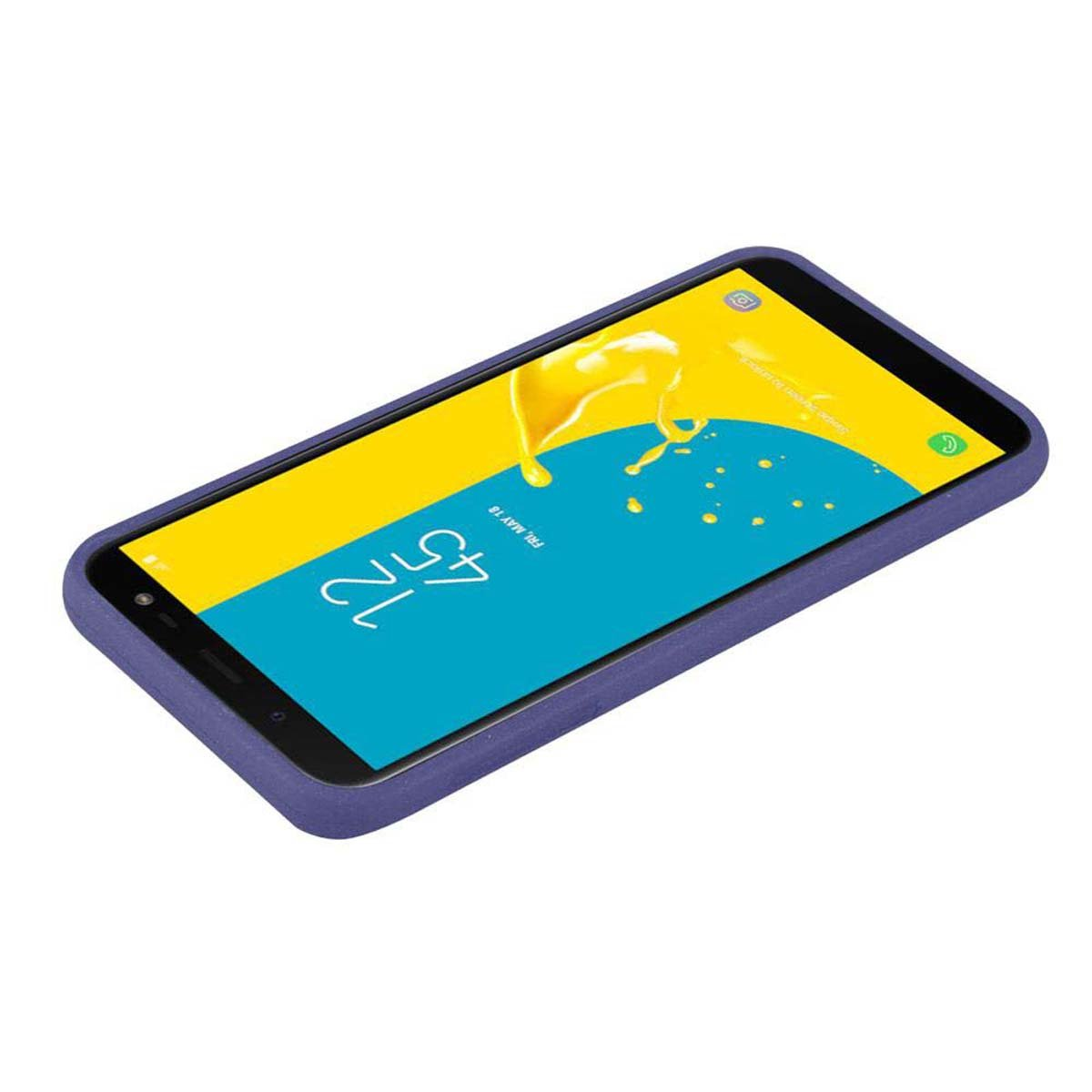 Una custodia per telefono viola con un telefono all'interno. Lo schermo mostra una schermata iniziale gialla e blu.