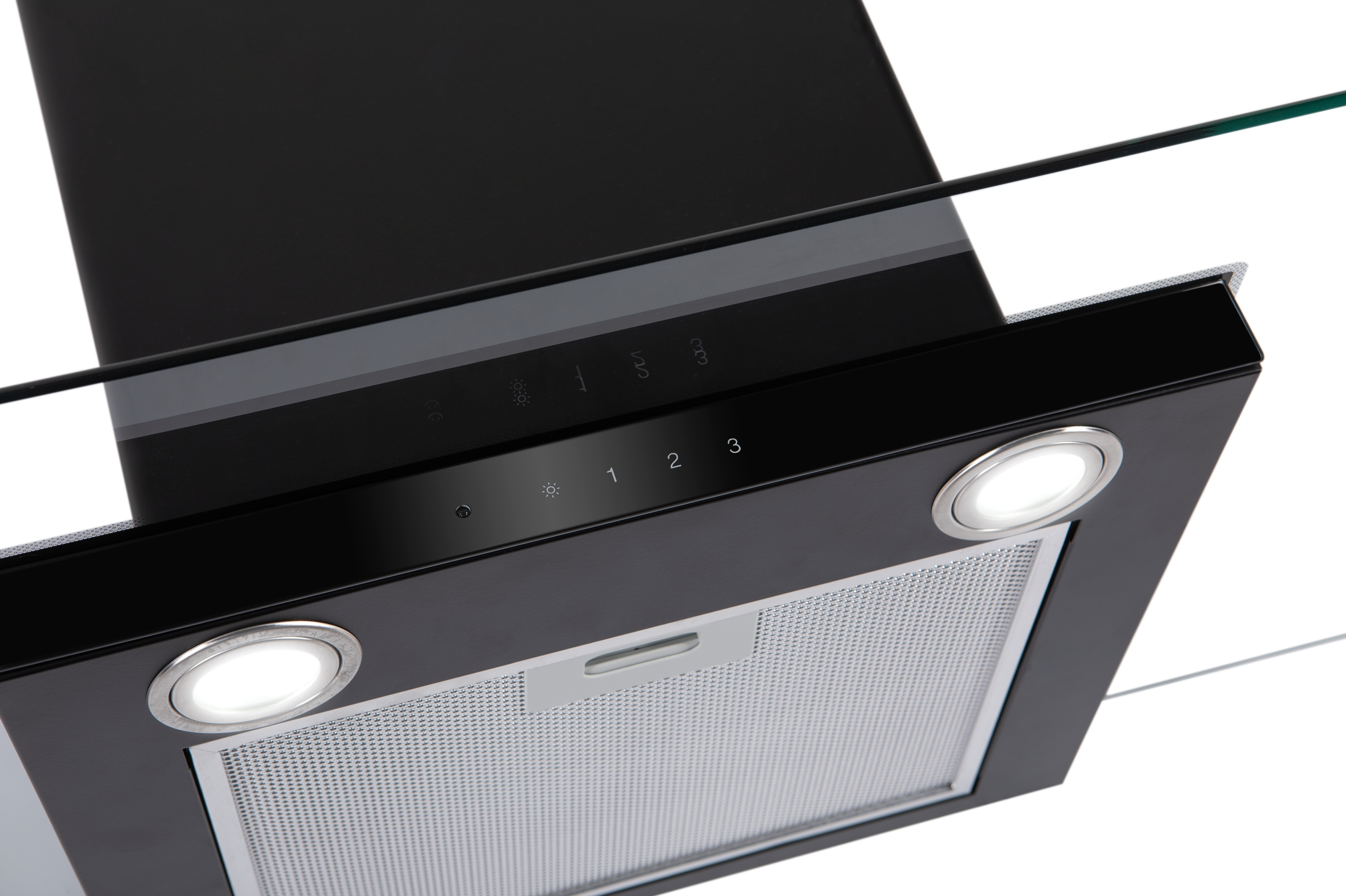 Una campana extractora de cocina negra con tres luces y botones de control.