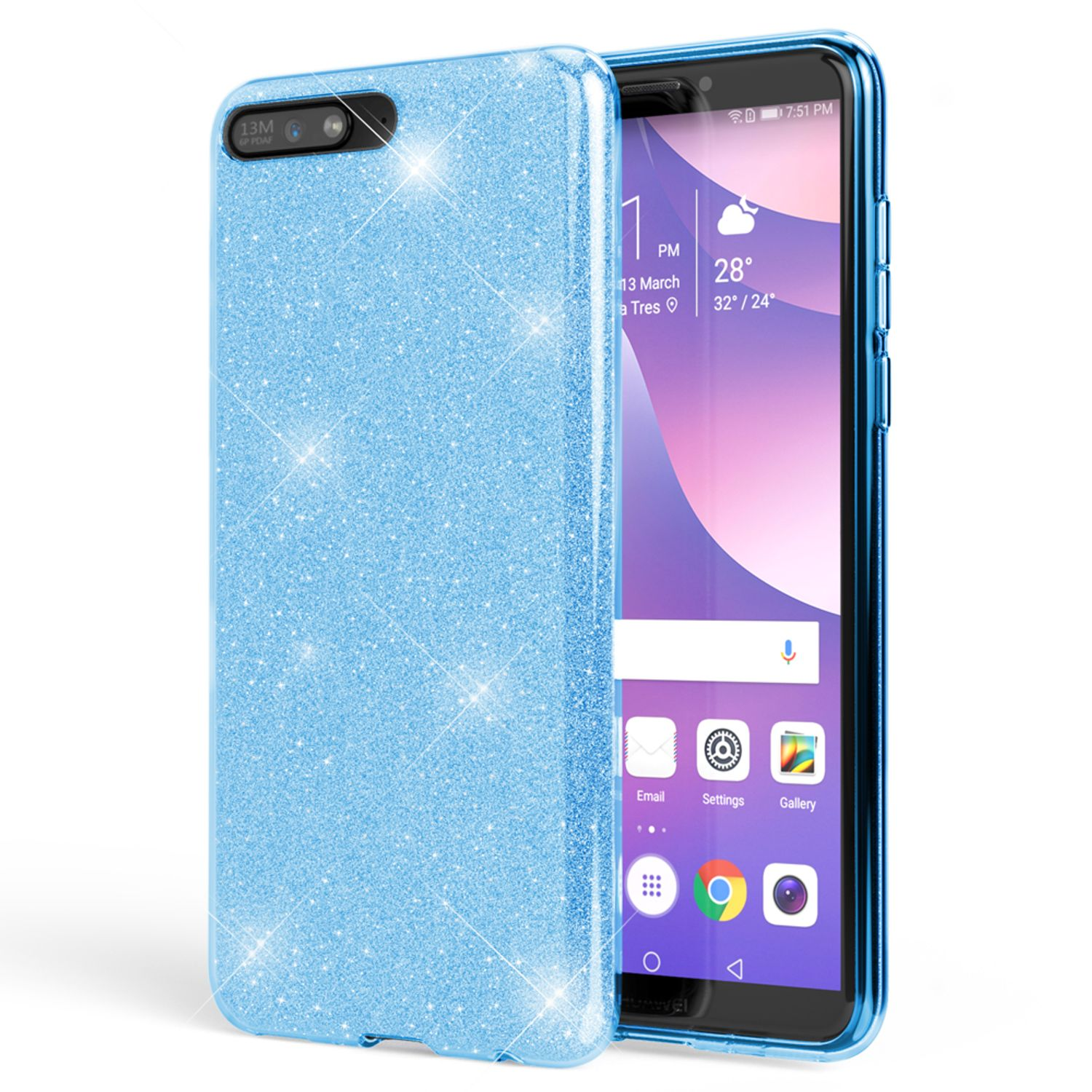 Hellblaue Glitzer-Handyhülle neben einem Telefon mit bunter Benutzeroberfläche.