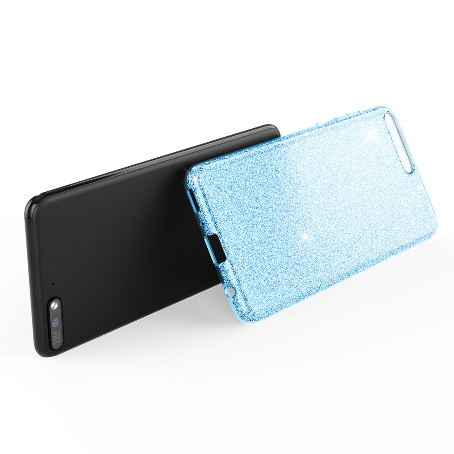Schwarzes Telefon mit hellblauer Glitzerhülle, aneinander gelehnt.