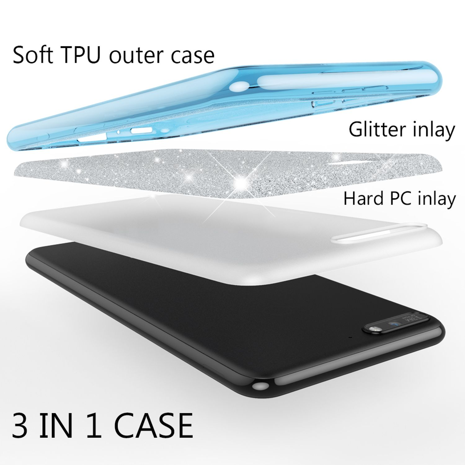 Handyhüllen-Schichten: Weiche TPU-Außenschicht, Glitzer-Inlay und harte PC-Inlay. Schwarzes Telefon sichtbar.