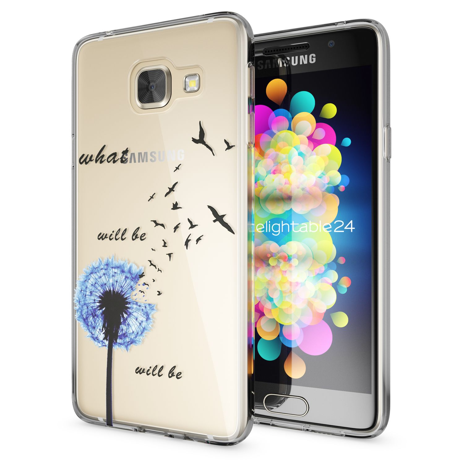 Funda de teléfono con diseño de diente de león y pájaros. El teléfono muestra un fondo colorido.