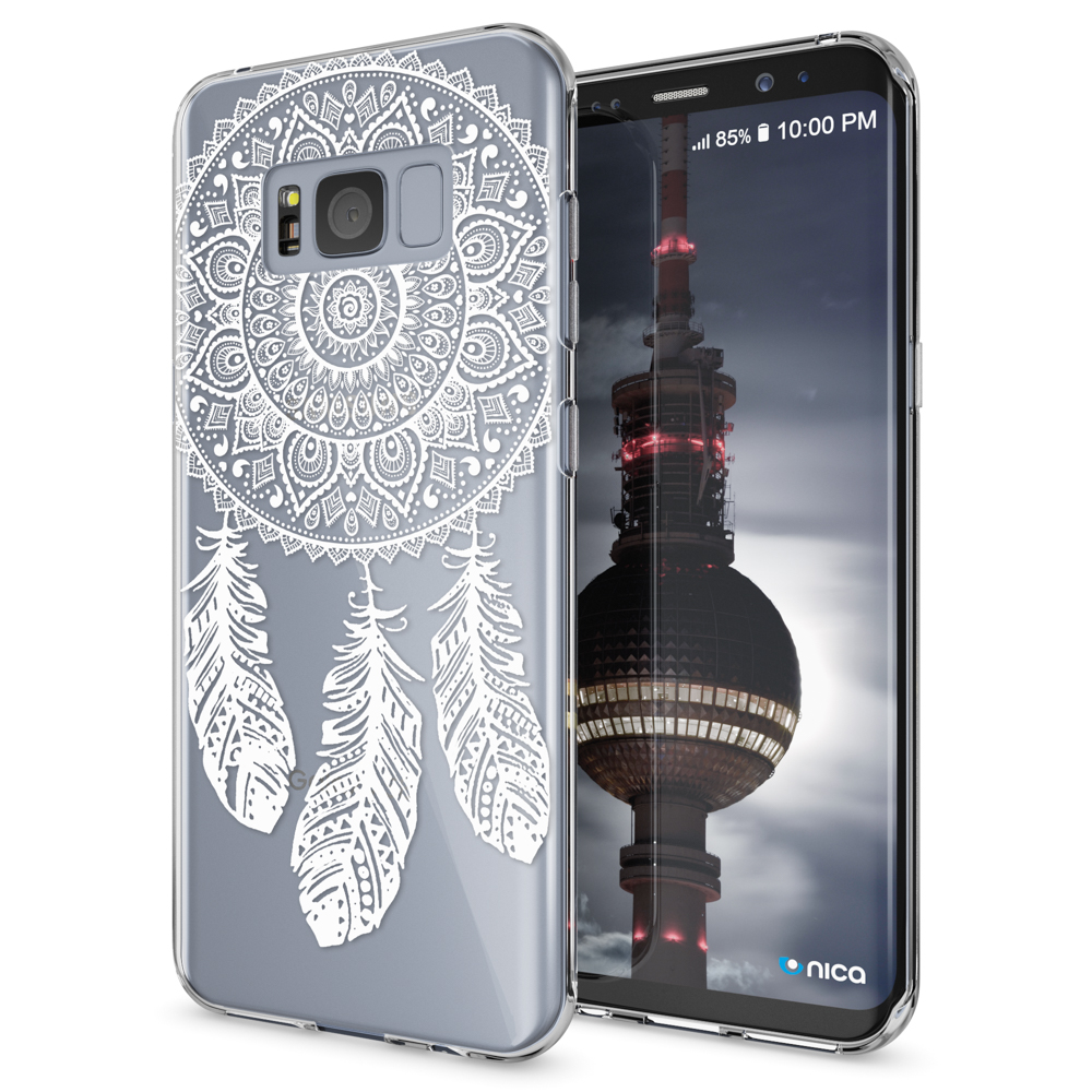 Telefon in einer transparenten Hülle mit weißem Mandala- und Federn-Design.