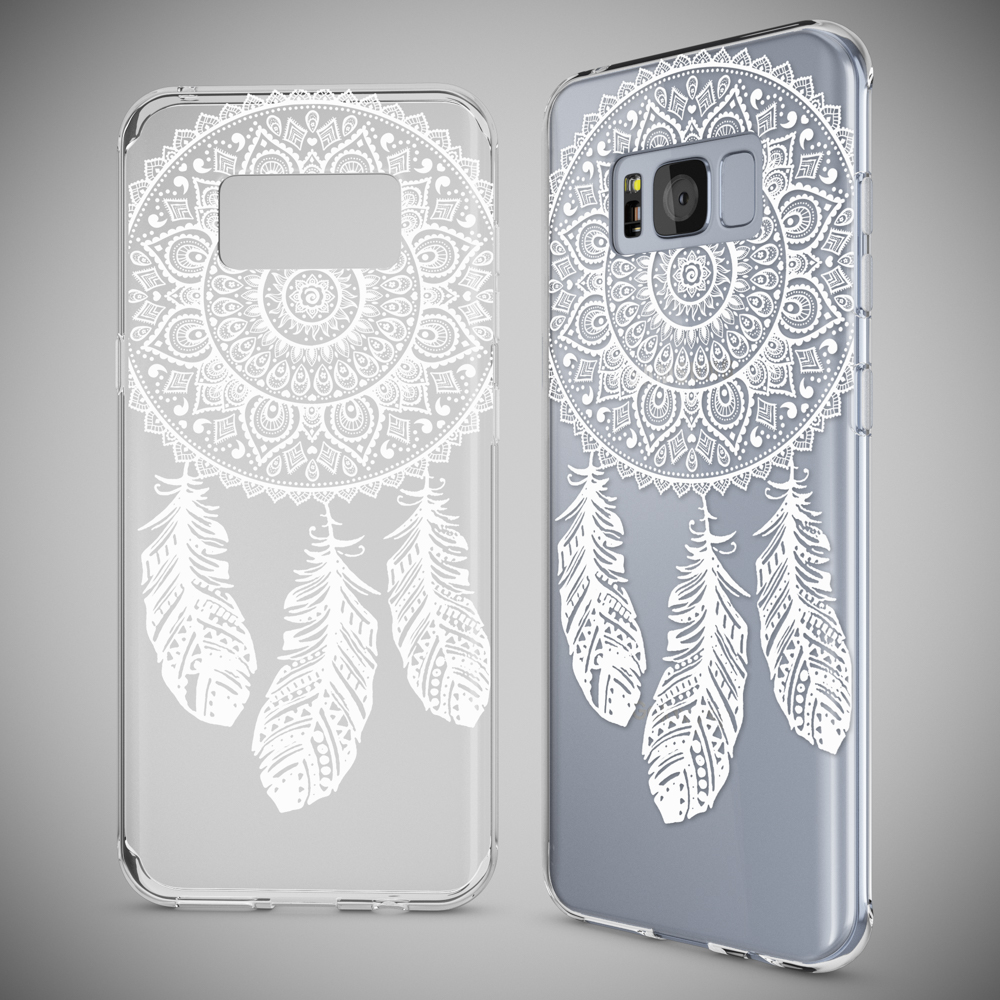 Transparente Handyhüllen mit weißem Mandala-Design und Federn, auf grauem Hintergrund, die das Design zeigen.