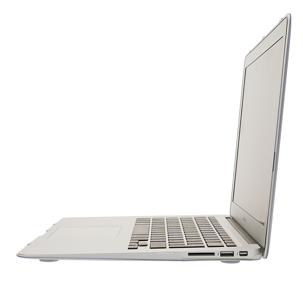 Seitenansicht eines silbernen Laptops mit Tastatur und Bildschirm.