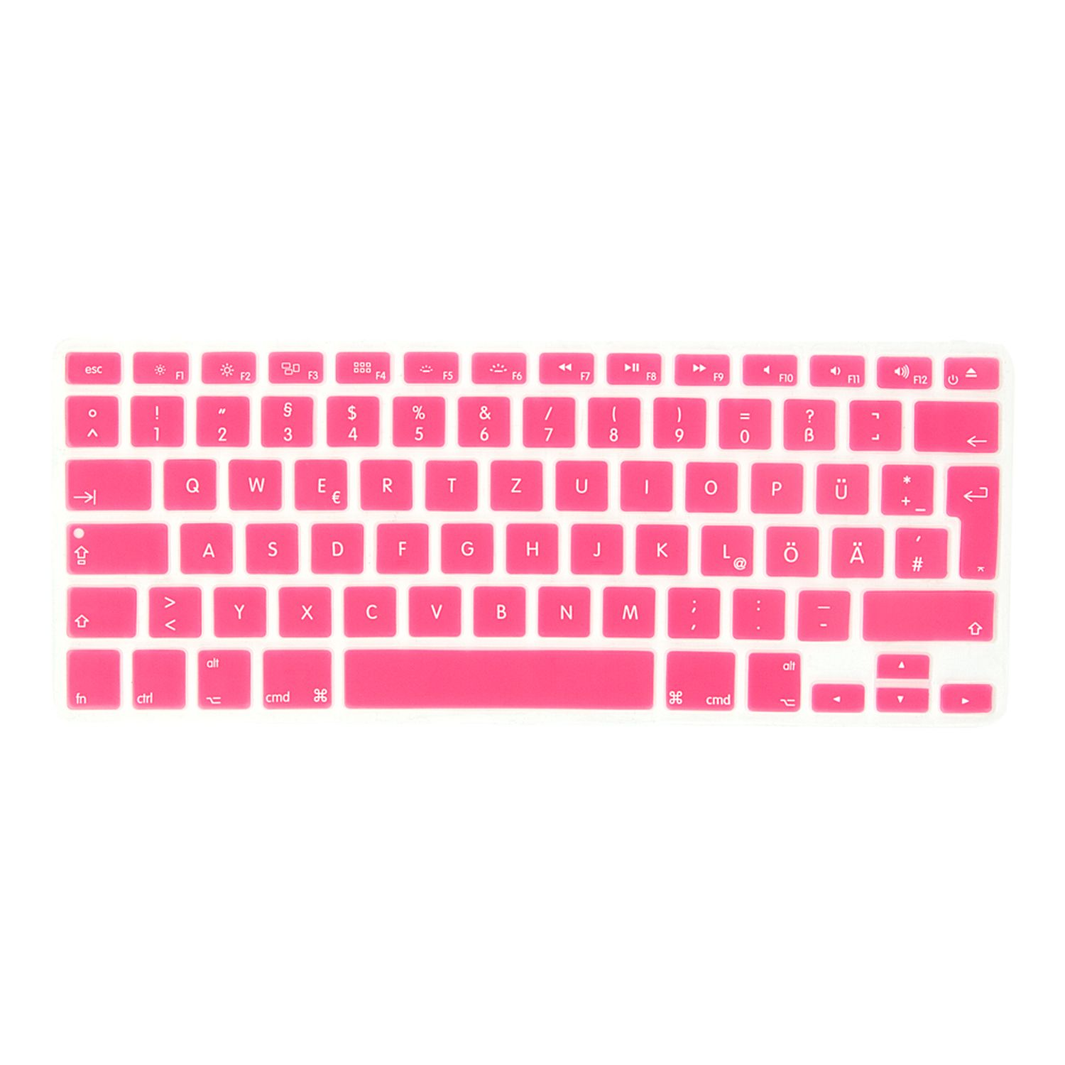Une protection de clavier rose sur fond blanc. Les touches sont lettrées et numérotées en blanc. La protection est rose.