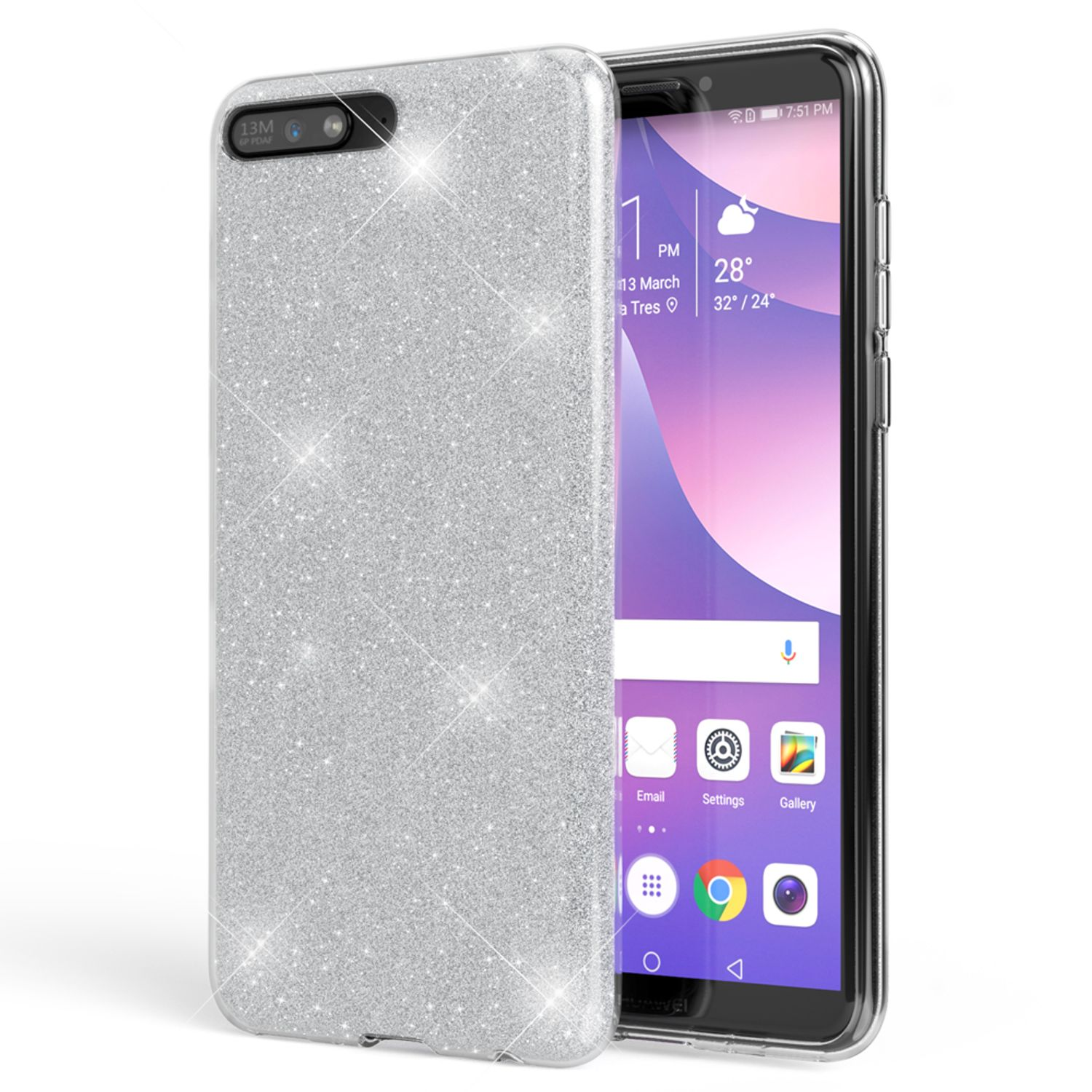 Una custodia per telefono argentata con glitter accanto a un telefono, che mostra lo schermo.