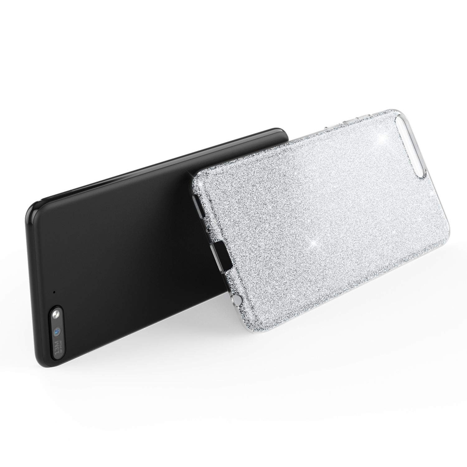 Un telefono nero con una custodia argentata con glitter, appoggiata contro di esso. L'obiettivo della fotocamera è visibile.