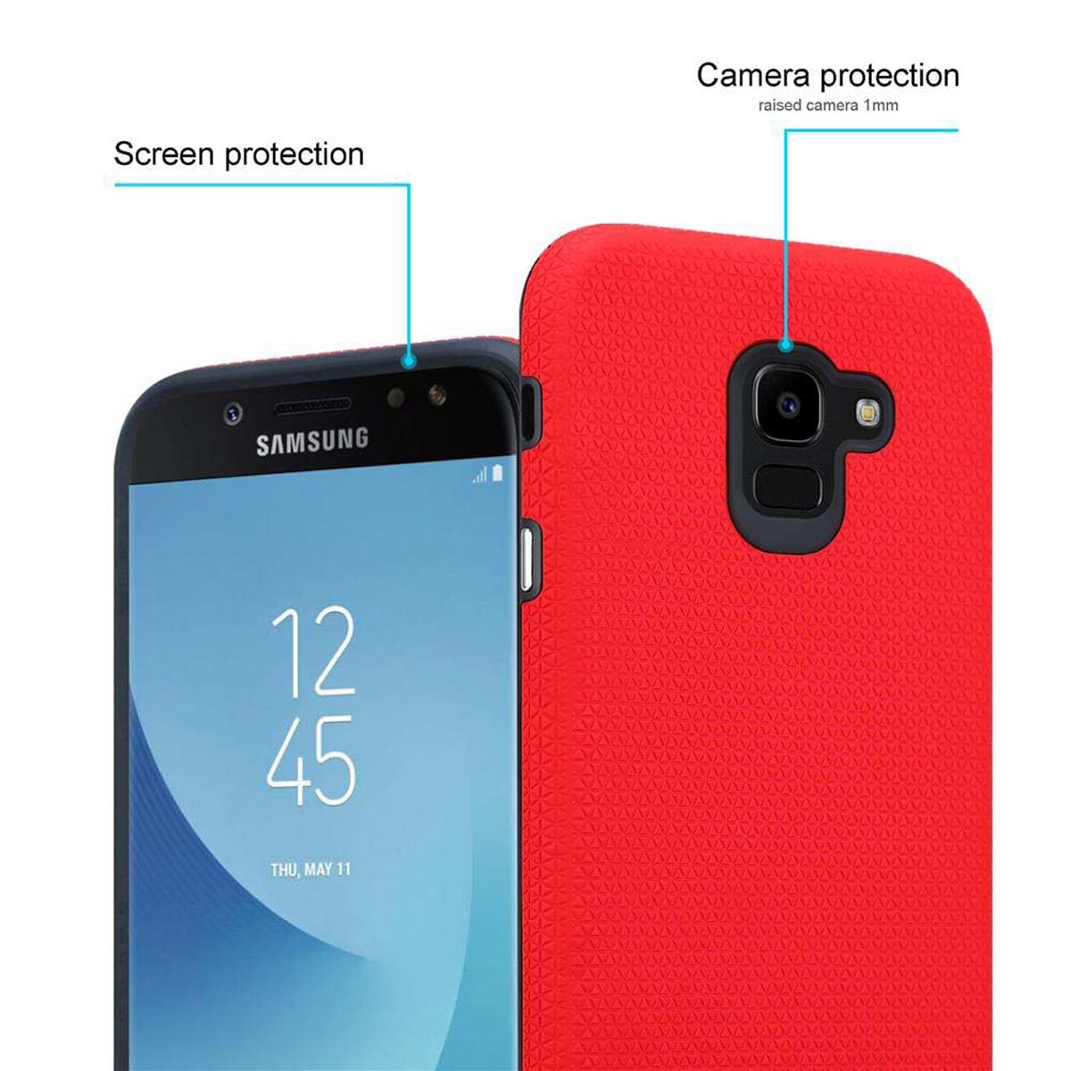 Una custodia rossa copre un telefono Samsung nero, sono mostrate la protezione dello schermo e della fotocamera.