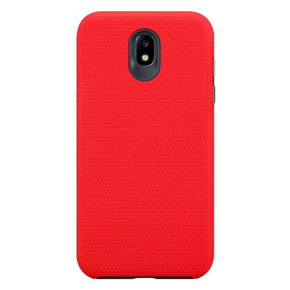 Custodia rossa per telefono. Ha un foro per la fotocamera e un motivo strutturato.