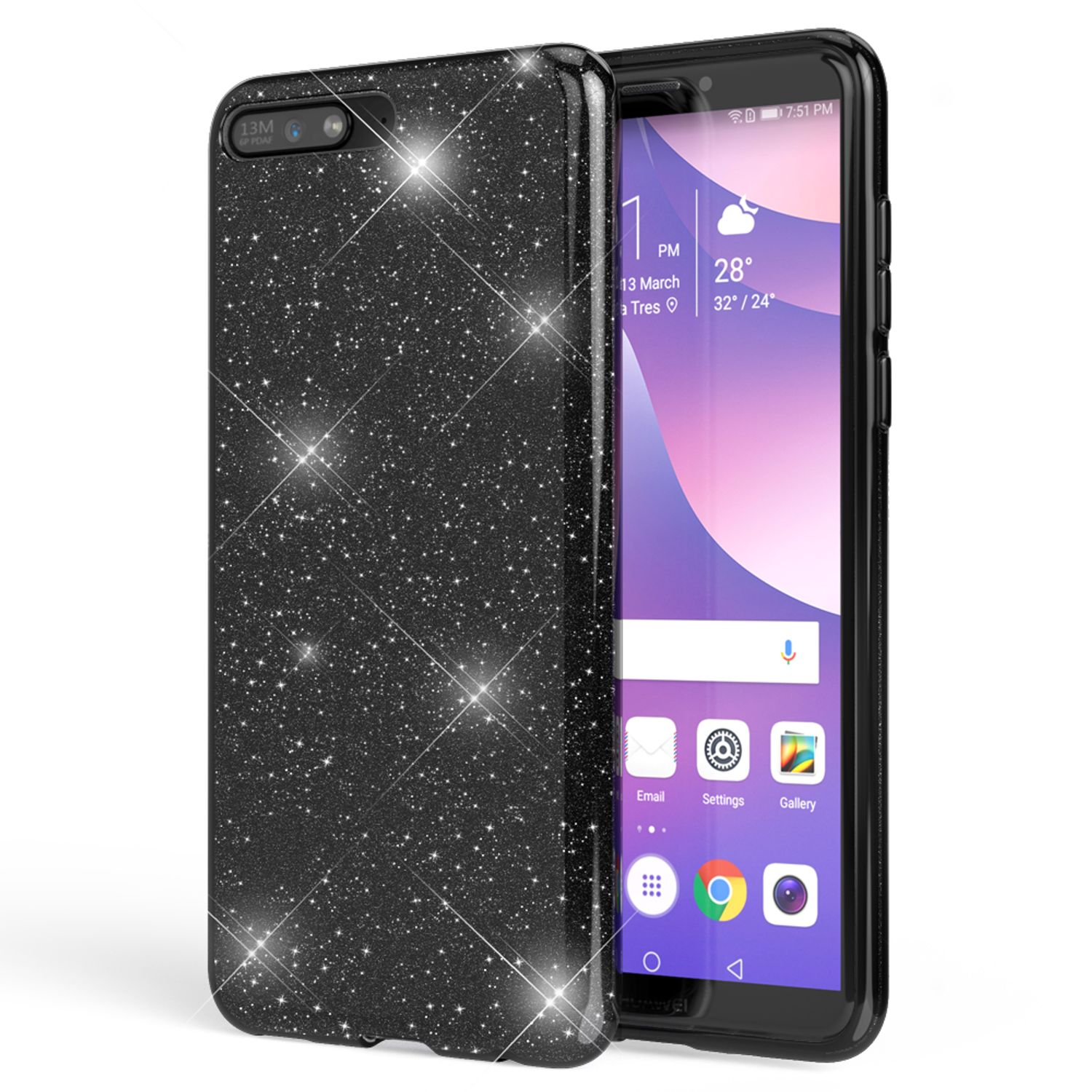 Eine schwarze, glitzernde Handyhülle mit einem Telefon darin. Das Telefon zeigt Apps an.