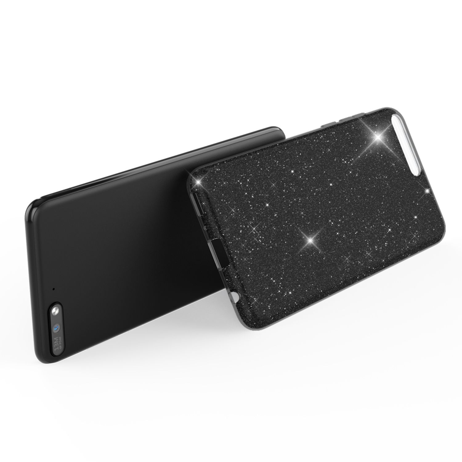 Schwarzes Telefon mit glitzernder schwarzer Hülle. Das Telefon ist angewinkelt, die Hülle leicht abgesetzt.