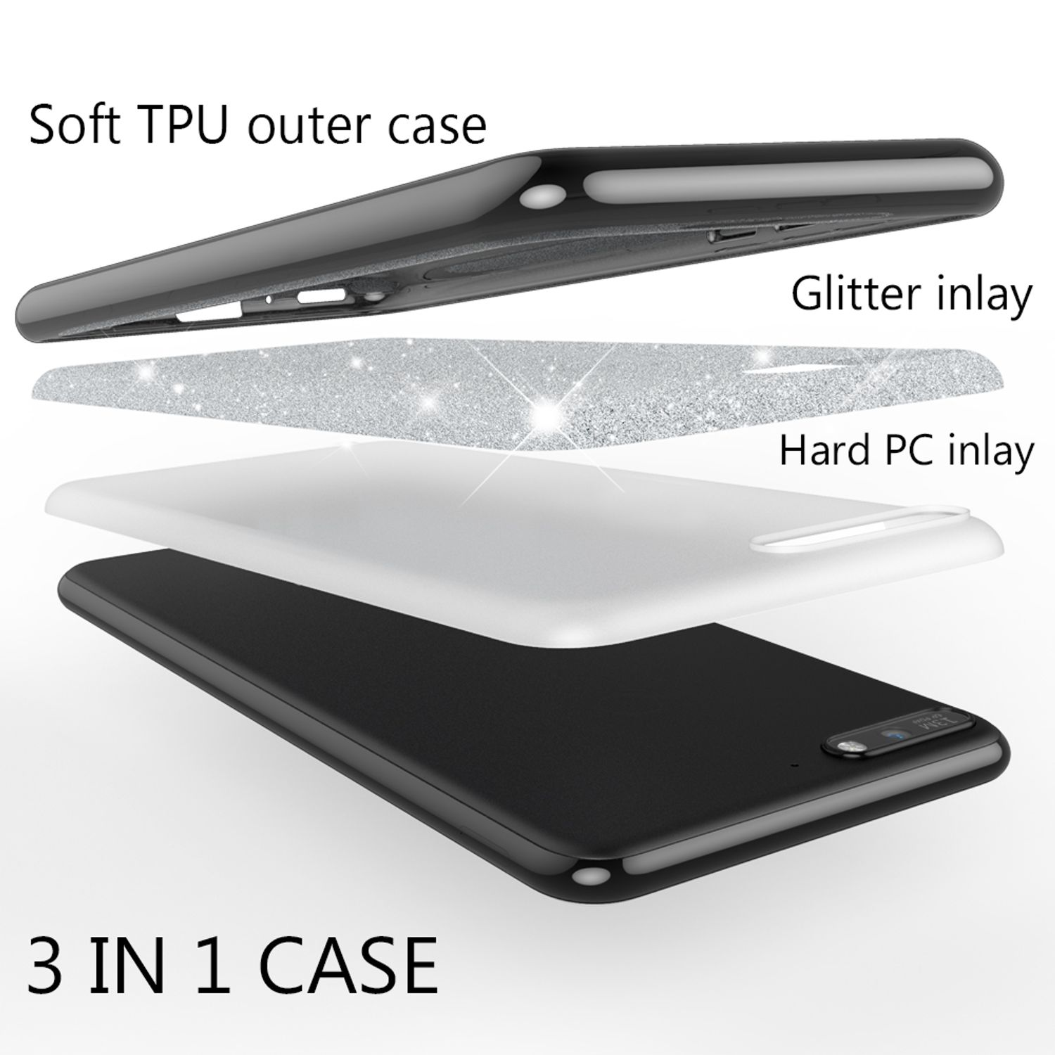 Handyhüllen-Schichten: außen, Glitzer-Inlay und Hart-PC-Inlay.