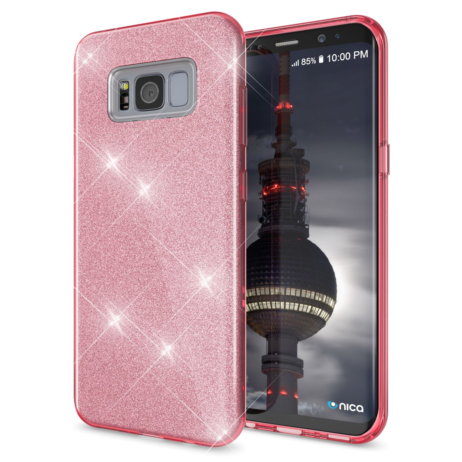 Rosafarbene Glitzer-Handyhülle mit Telefon, das ein Gebäude bei Nacht zeigt.