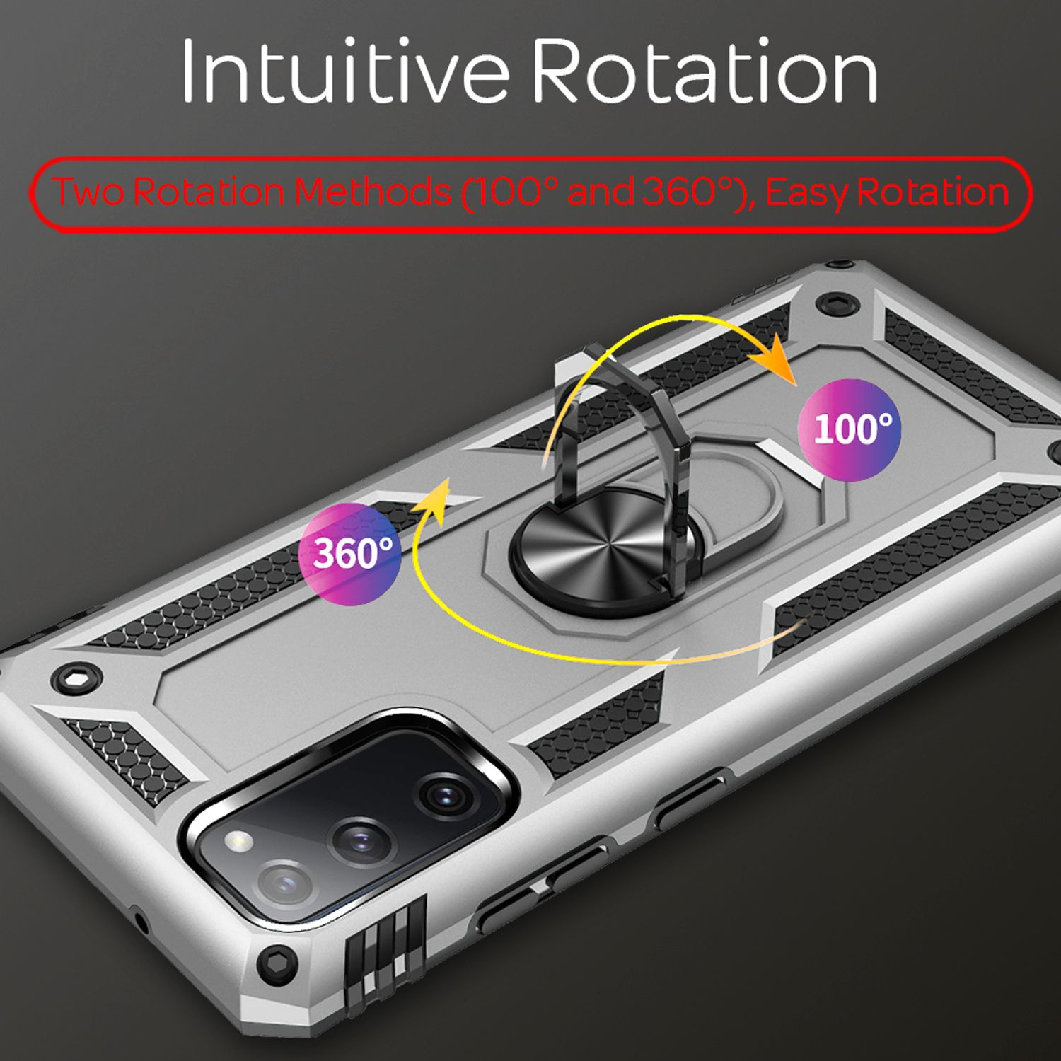 Silberne Handyhülle mit drehbarem Ring. Text: 'Intuitive Rotation'. Pfeile zeigen 100 und 360 Grad Drehung.