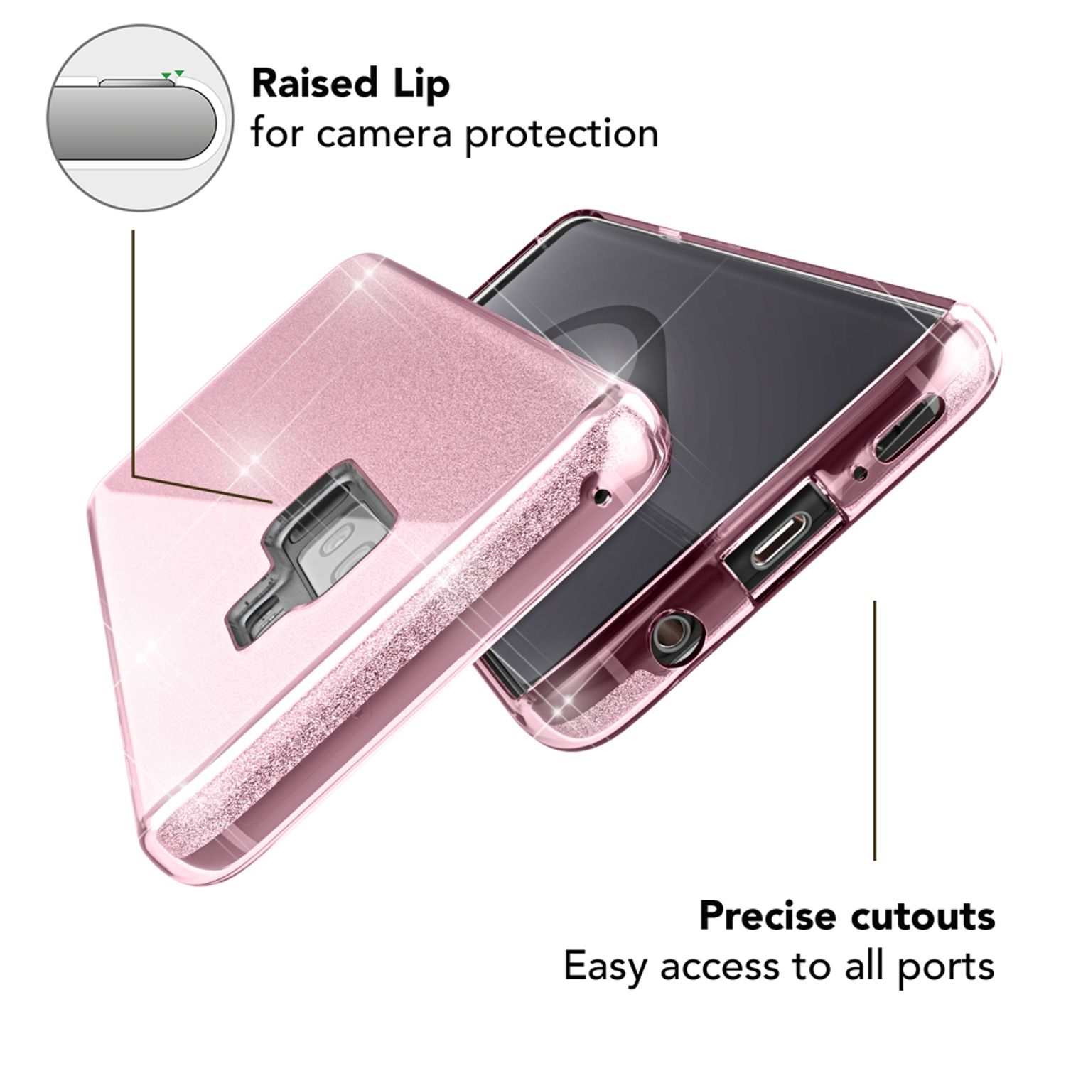 Custodia rosa per telefono con bordo rialzato per la protezione della fotocamera. Mostra le porte e i ritagli precisi per un facile accesso.