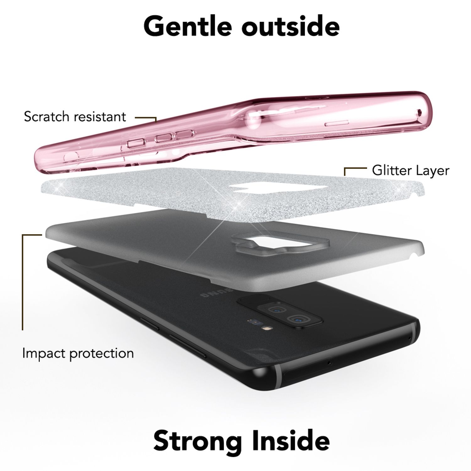 Vista esplosa di una custodia con strati: rosa esterno, strato glitter, grigio e telefono nero.
