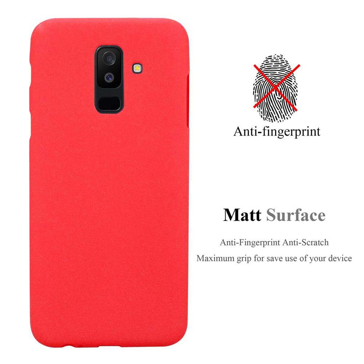 Custodia per telefono rossa con superficie opaca, con design anti-impronta e simbolo dell'impronta digitale.