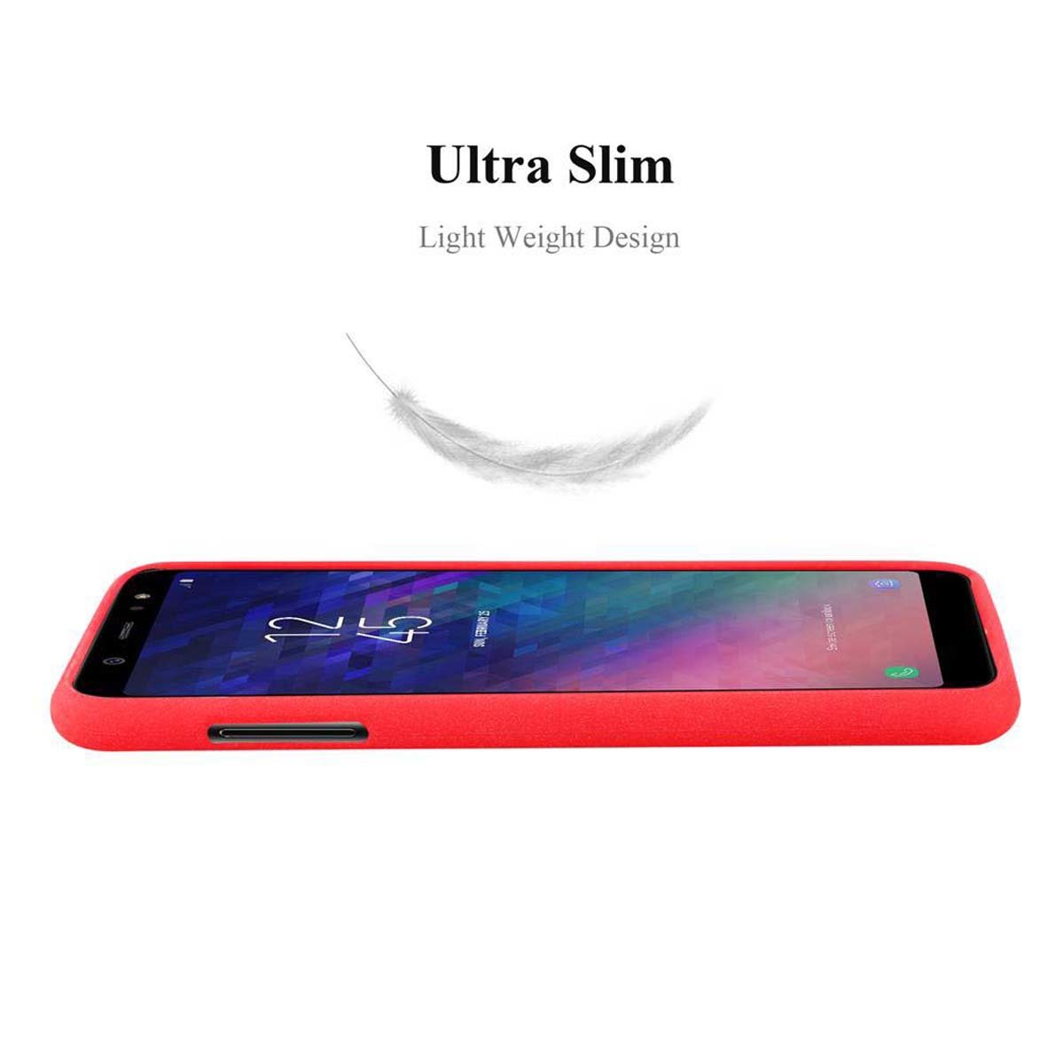 Custodia rossa per telefono su bianco. Testo: 'Ultra Slim' e 'Light Weight Design'. Una piuma cade vicino.