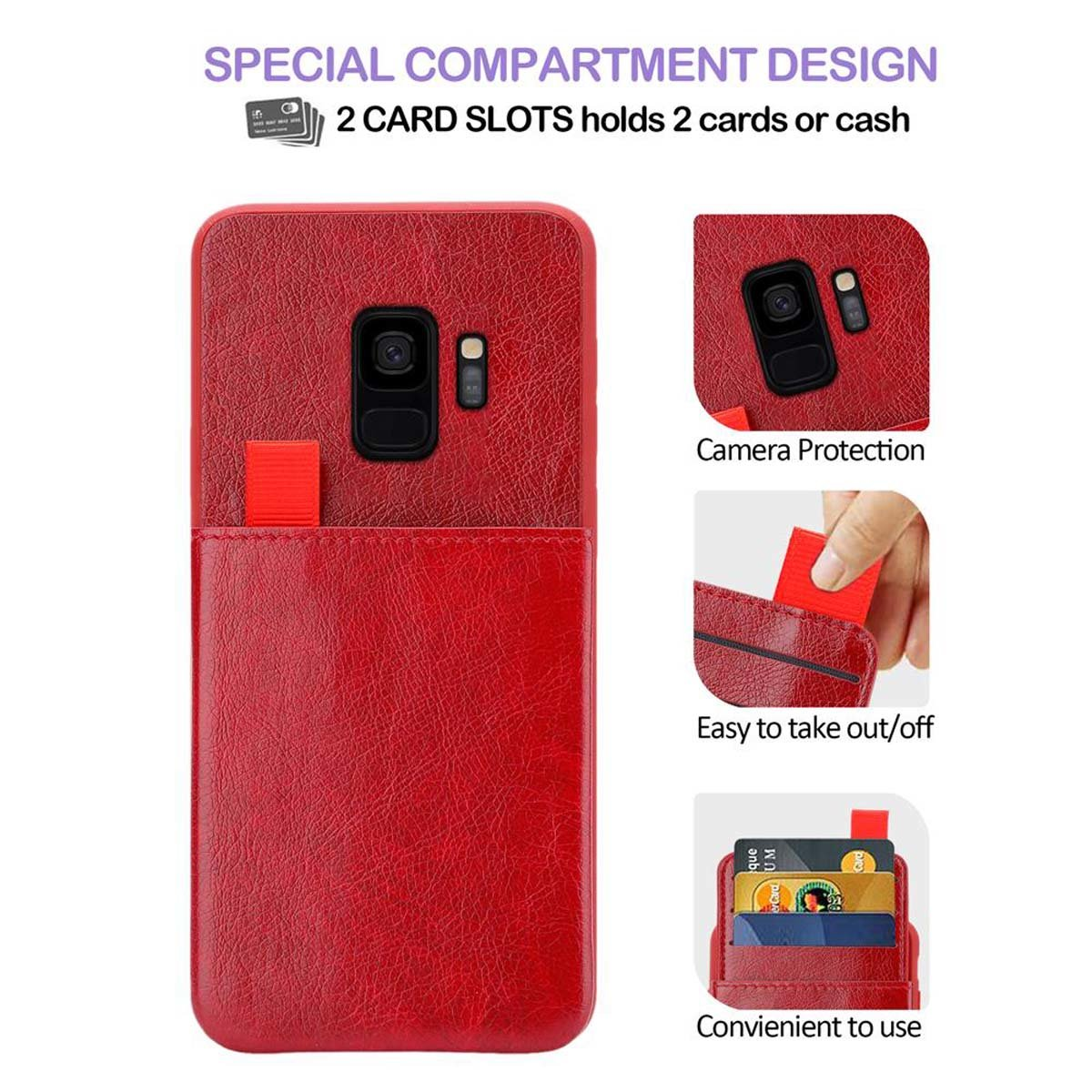Custodia rossa per telefono con slot per carte e telefono all'interno.