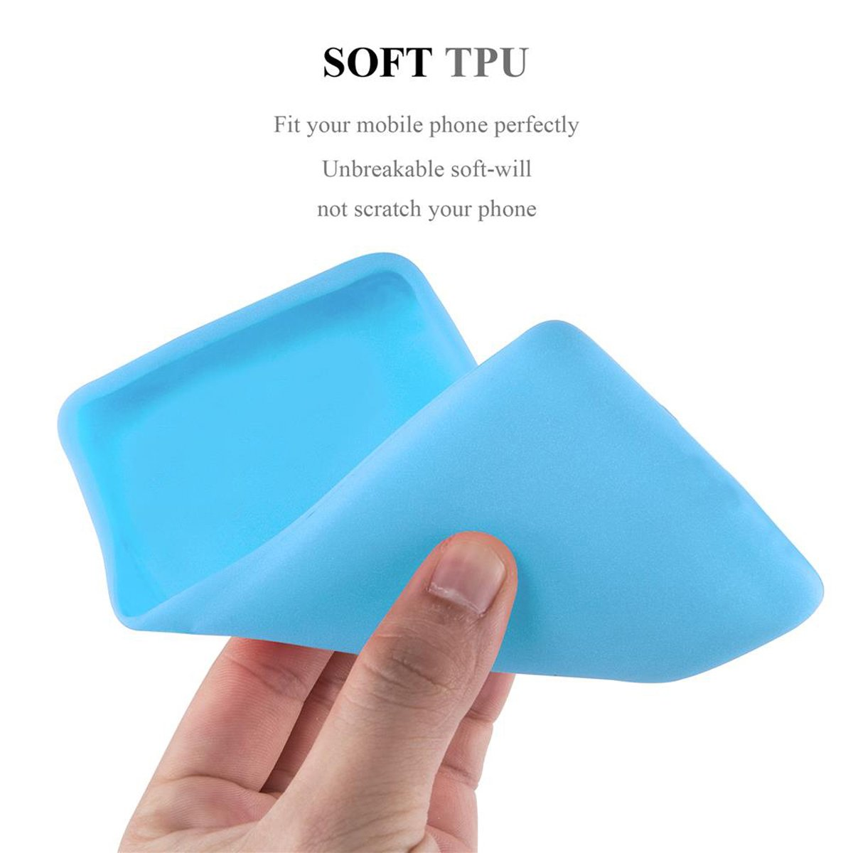 Una custodia blu per telefono viene piegata per mostrare la sua flessibilità, con testo sul TPU morbido.
