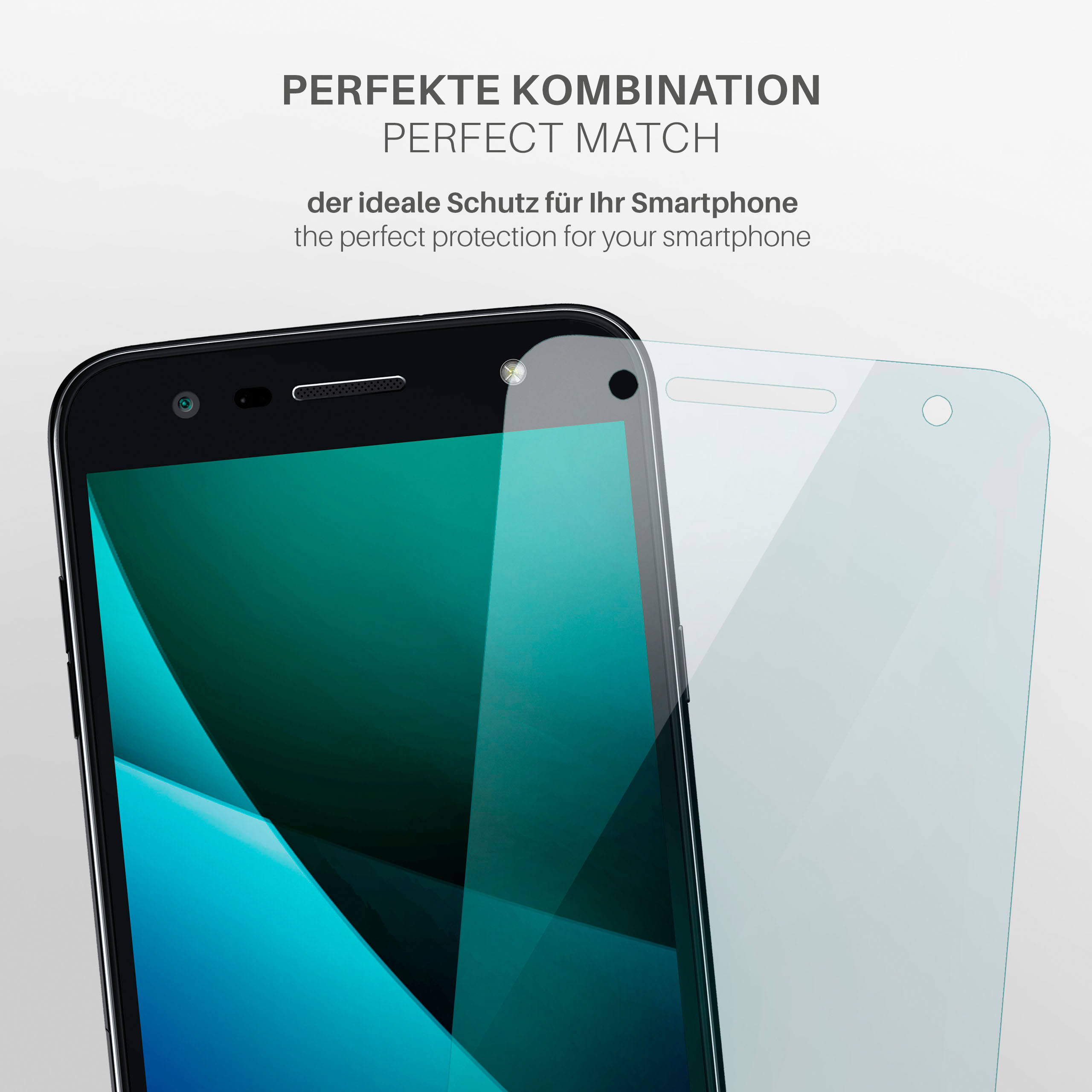 Telefon mit Displayschutzfolie. Der Displayschutz befindet sich auf dem Telefon, mit weißem Hintergrund.