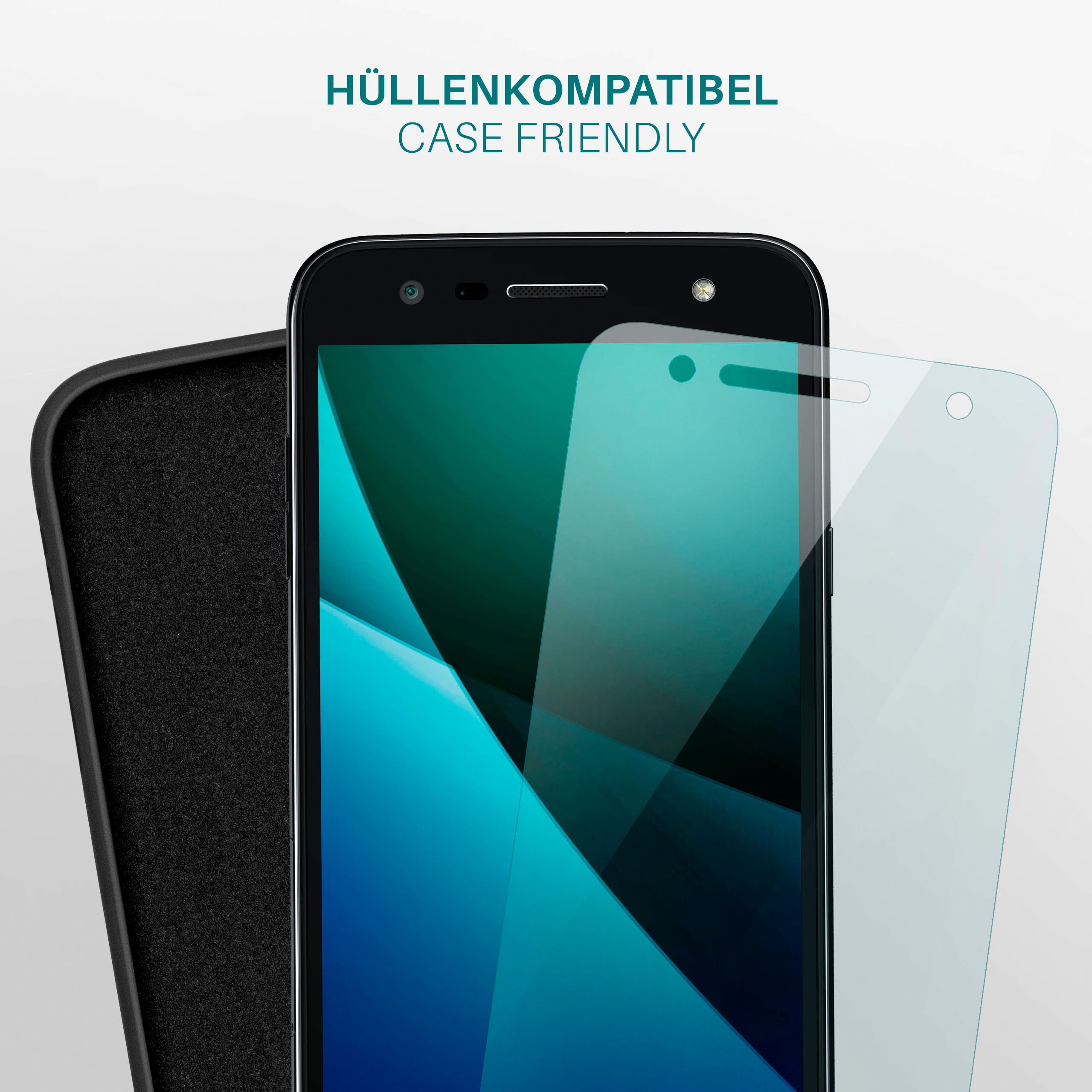 Schwarzes Telefon, Displayschutz und Hülle zusammen. Text: 'Case friendly'.