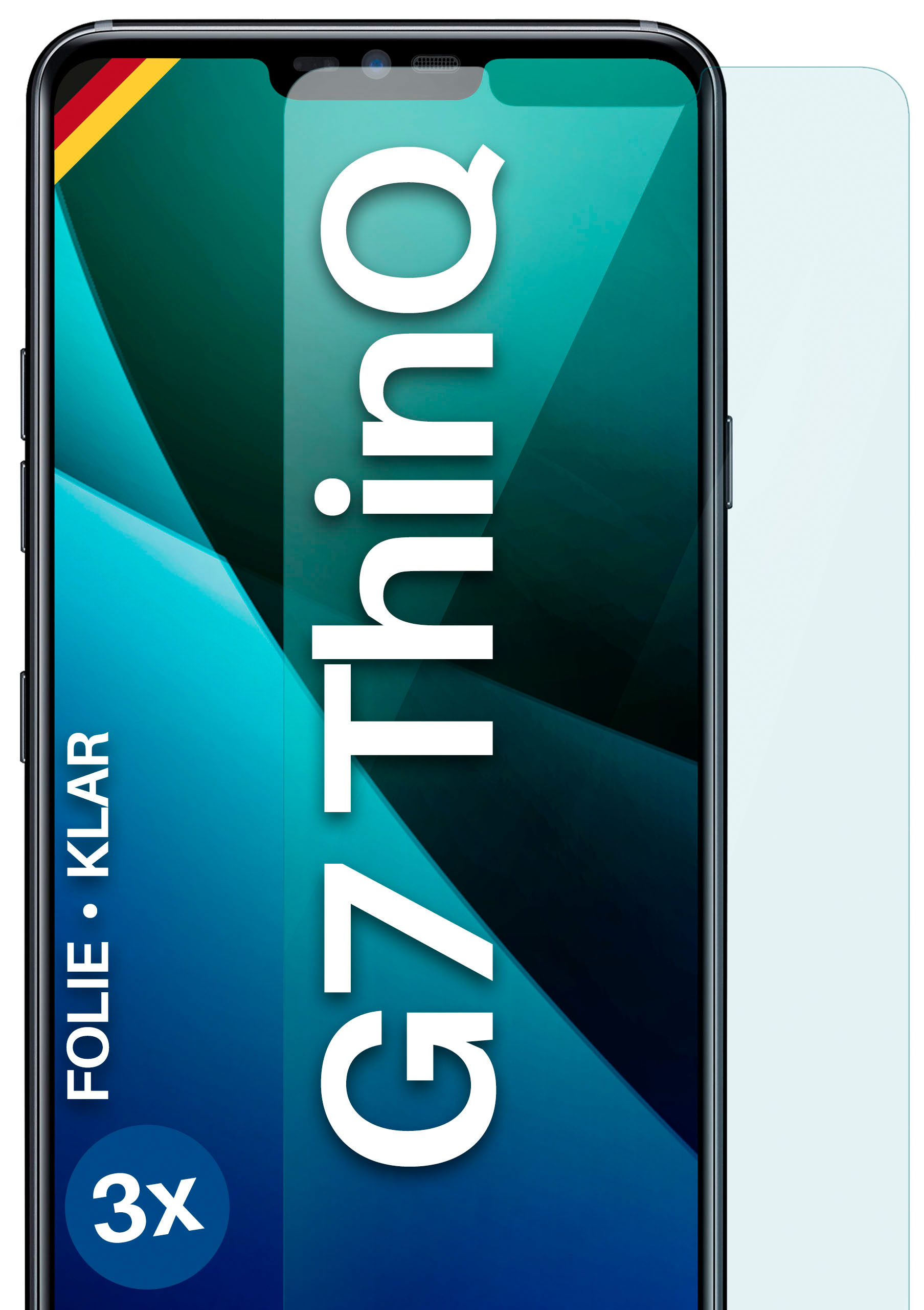 Telefon mit Displayschutz. Der Bildschirm zeigt G7 ThinQ.