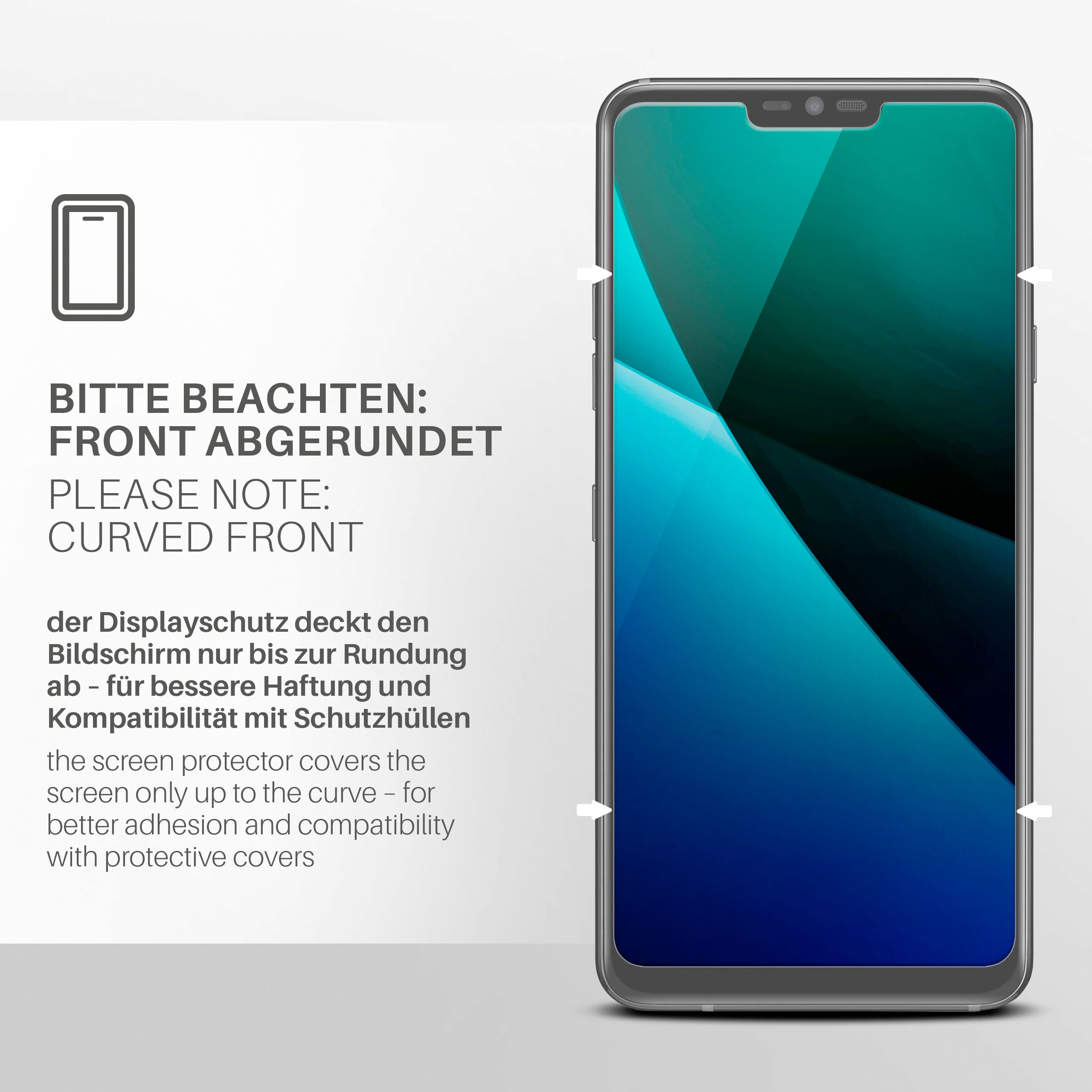 Ein Telefon mit abgerundeter Frontscheibe und Text zur Kompatibilität des Displayschutzes.