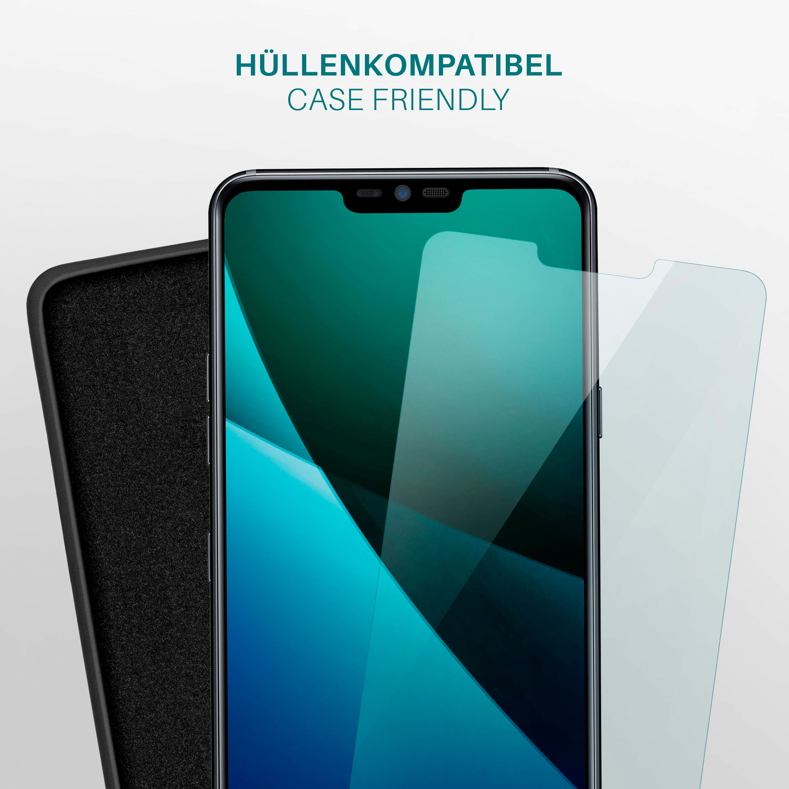 Telefon mit Displayschutz und Hülle. Texte: Gehäusefreundlich. Hintergrund: weiß.
