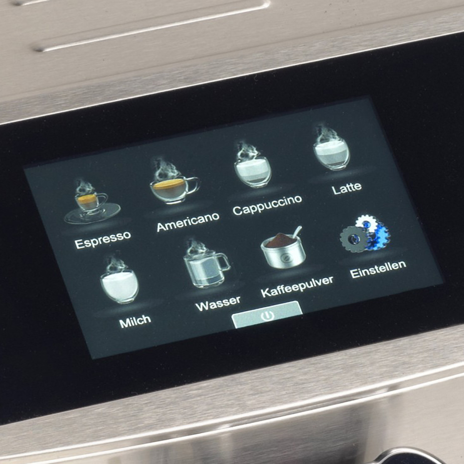 Espresso, Americano, Cappuccino, Latte, Milch, Wasser, Kaffee und Einstellungen auf einem Kaffeeautomatenbildschirm.