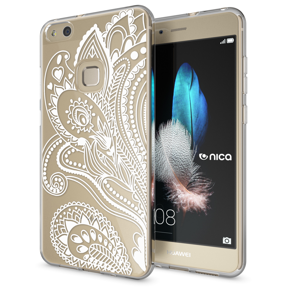 Un teléfono dorado con una funda floral blanca. El teléfono muestra una imagen de pluma en la pantalla.