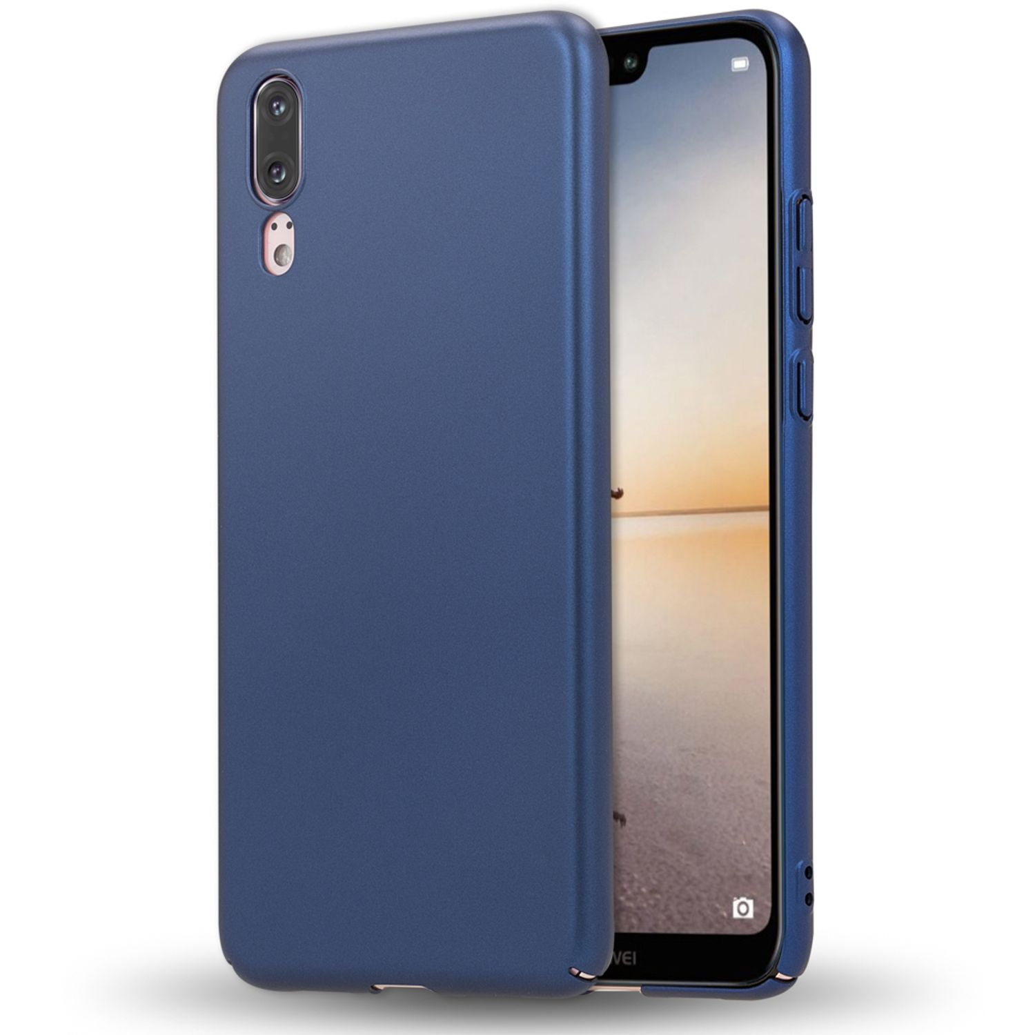 Blaue Handyhülle mit einem Telefon. Weißer Hintergrund.