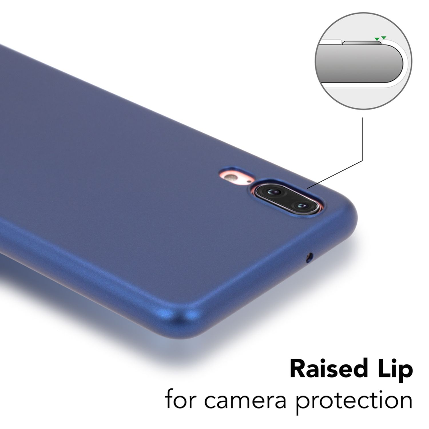 Ein blaues Telefon mit erhöhtem Rand zum Schutz der Kamera.