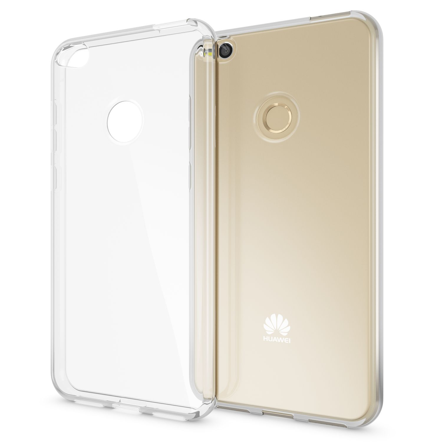 Funda transparente junto a un teléfono dorado. La funda es transparente, el teléfono tiene una cámara.